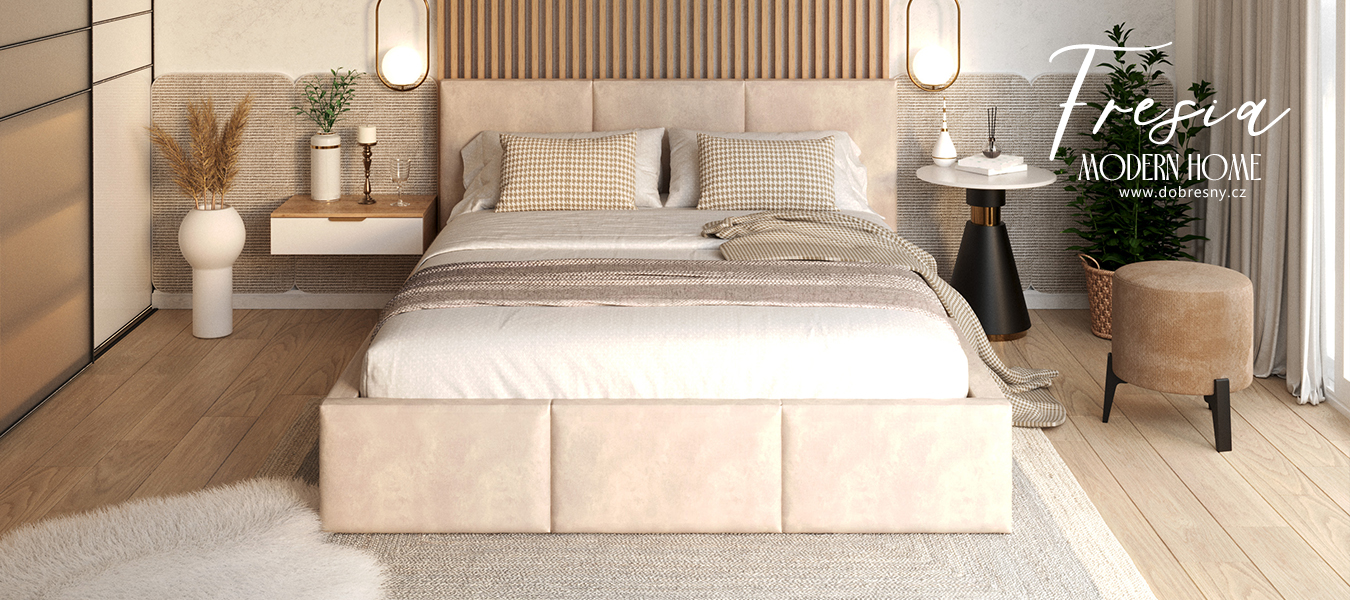 Čalouněná postel FRESIA 200x200 s kovovým zdvižným roštem KRÉMOVÁ TRINITY