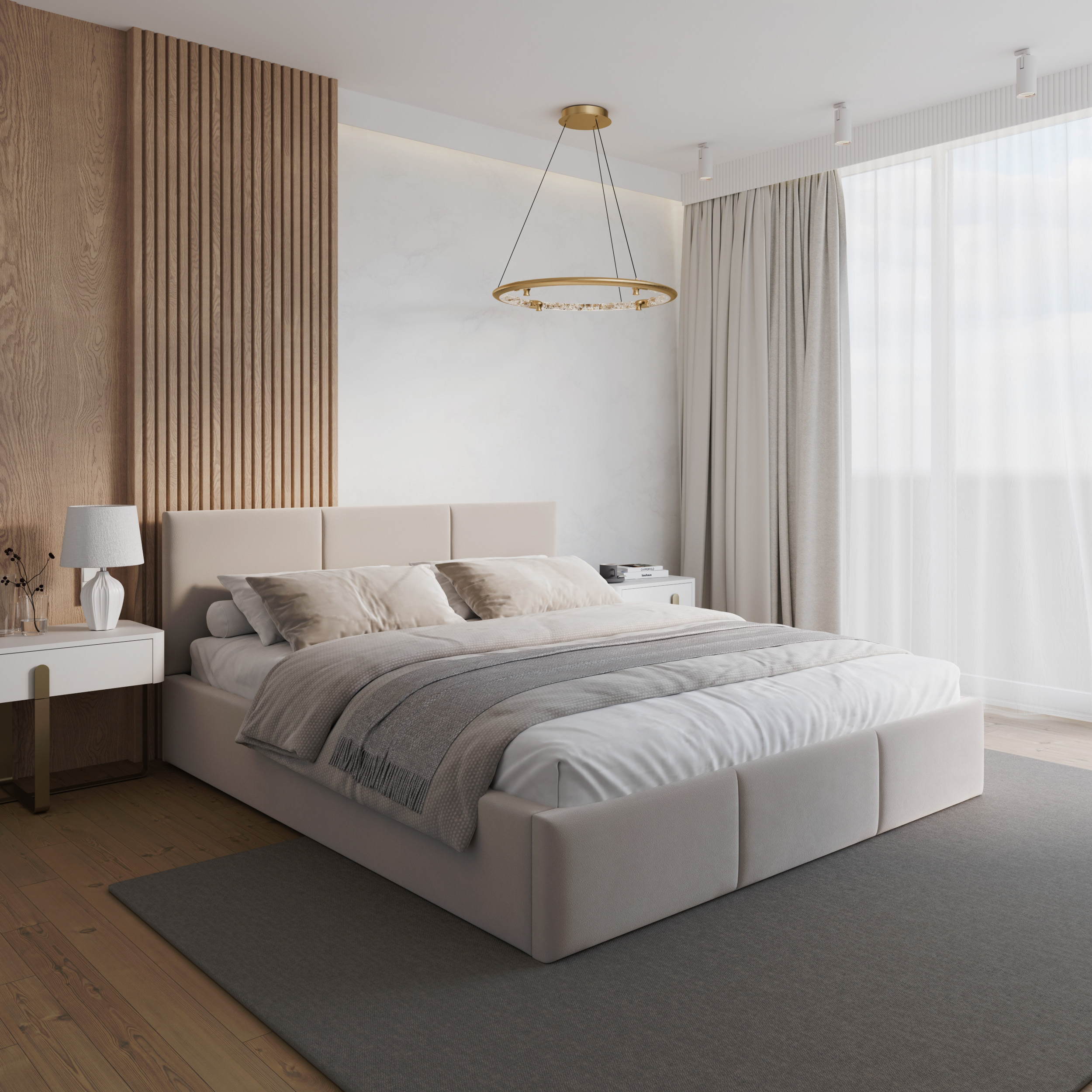 Čalouněná postel FRESIA 200x200 s kovovým zdvižným roštem KRÉMOVÁ TRINITY