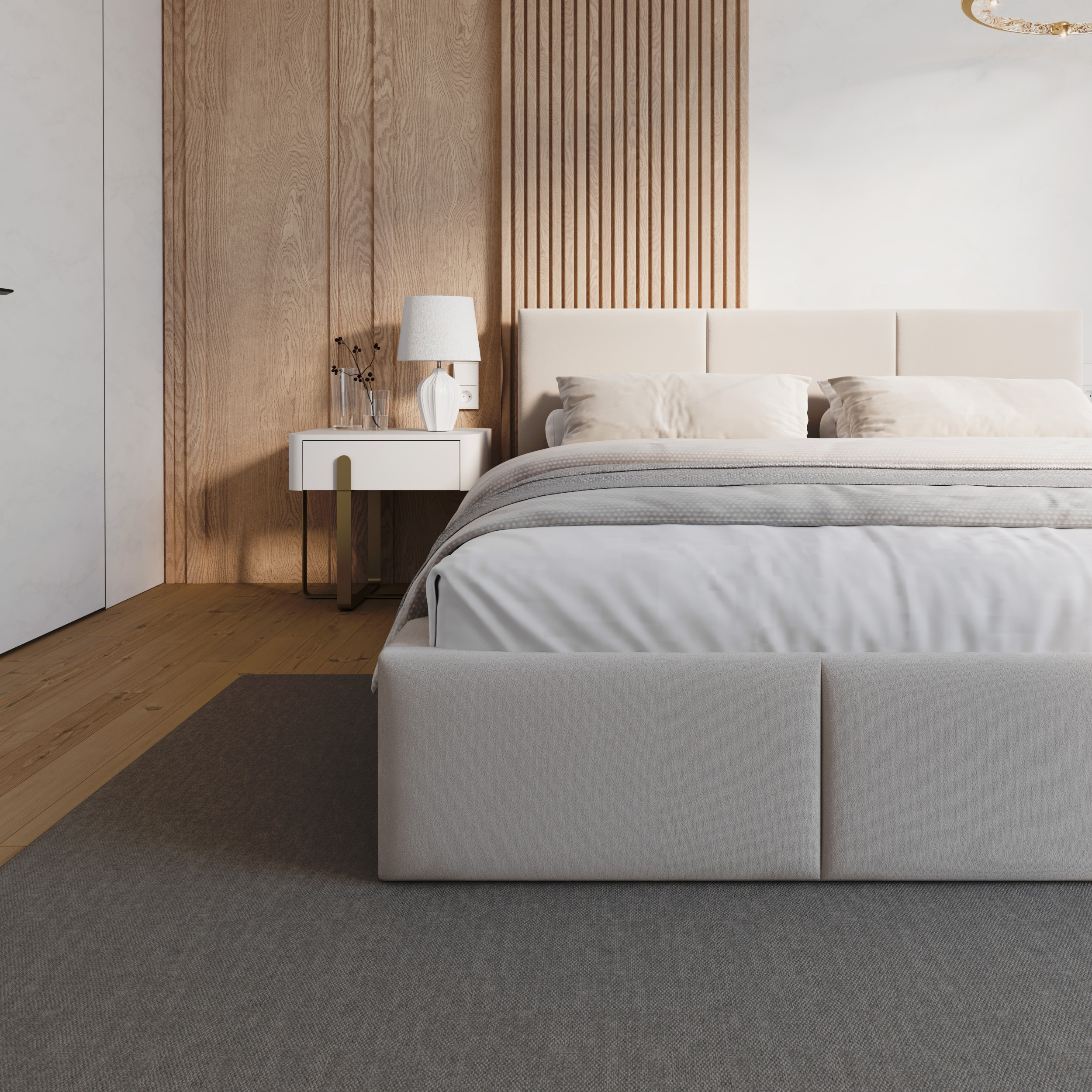 Čalouněná postel FRESIA 200x200 s kovovým zdvižným roštem KRÉMOVÁ TRINITY