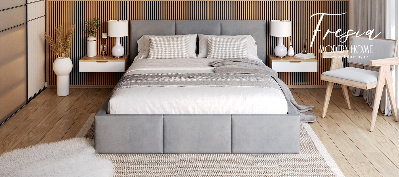 Čalouněná postel FRESIA 200x200 s kovovým zdvižným roštem ŠEDÁ TRINITY