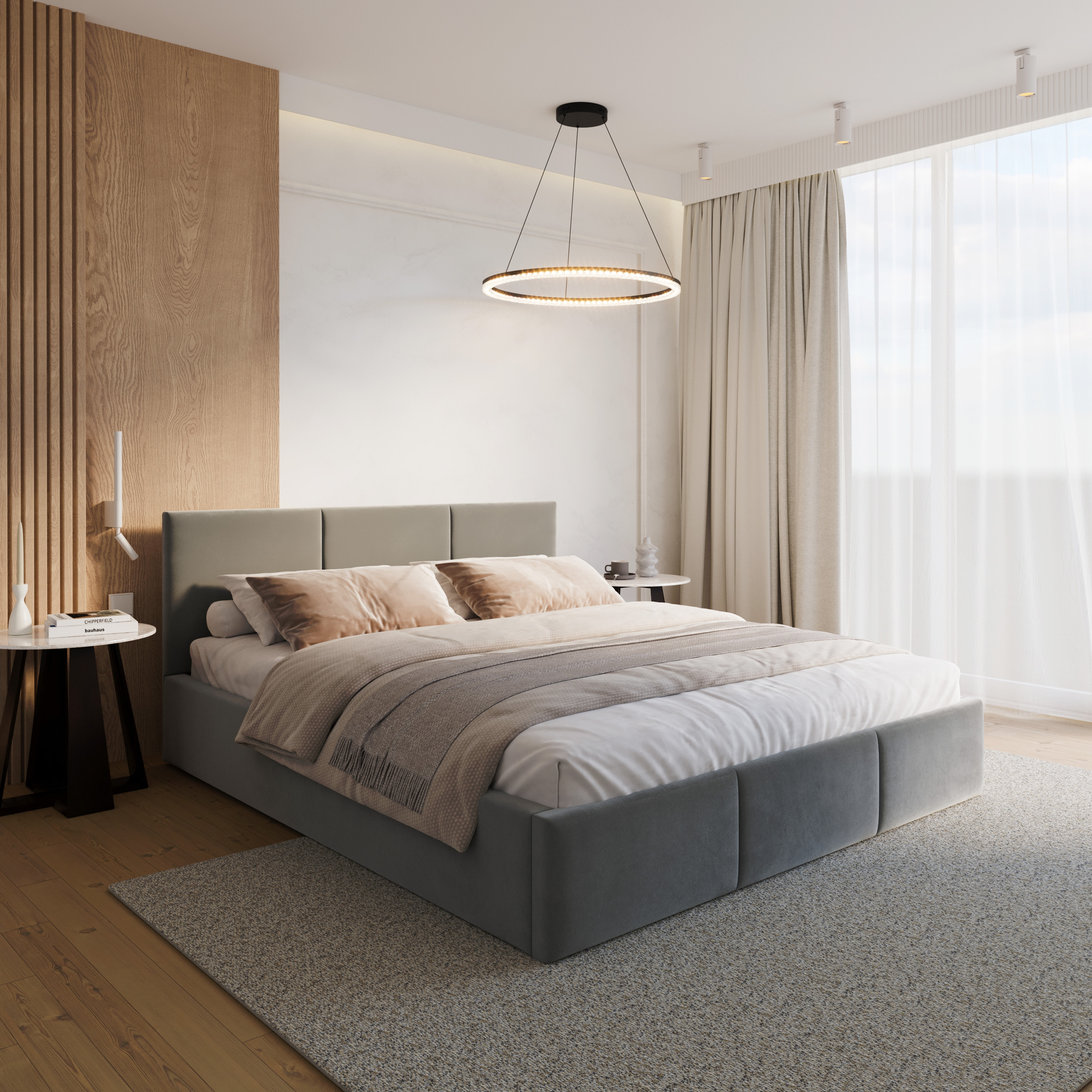 Čalouněná postel FRESIA 200x200 s kovovým zdvižným roštem ŠEDÁ TRINITY