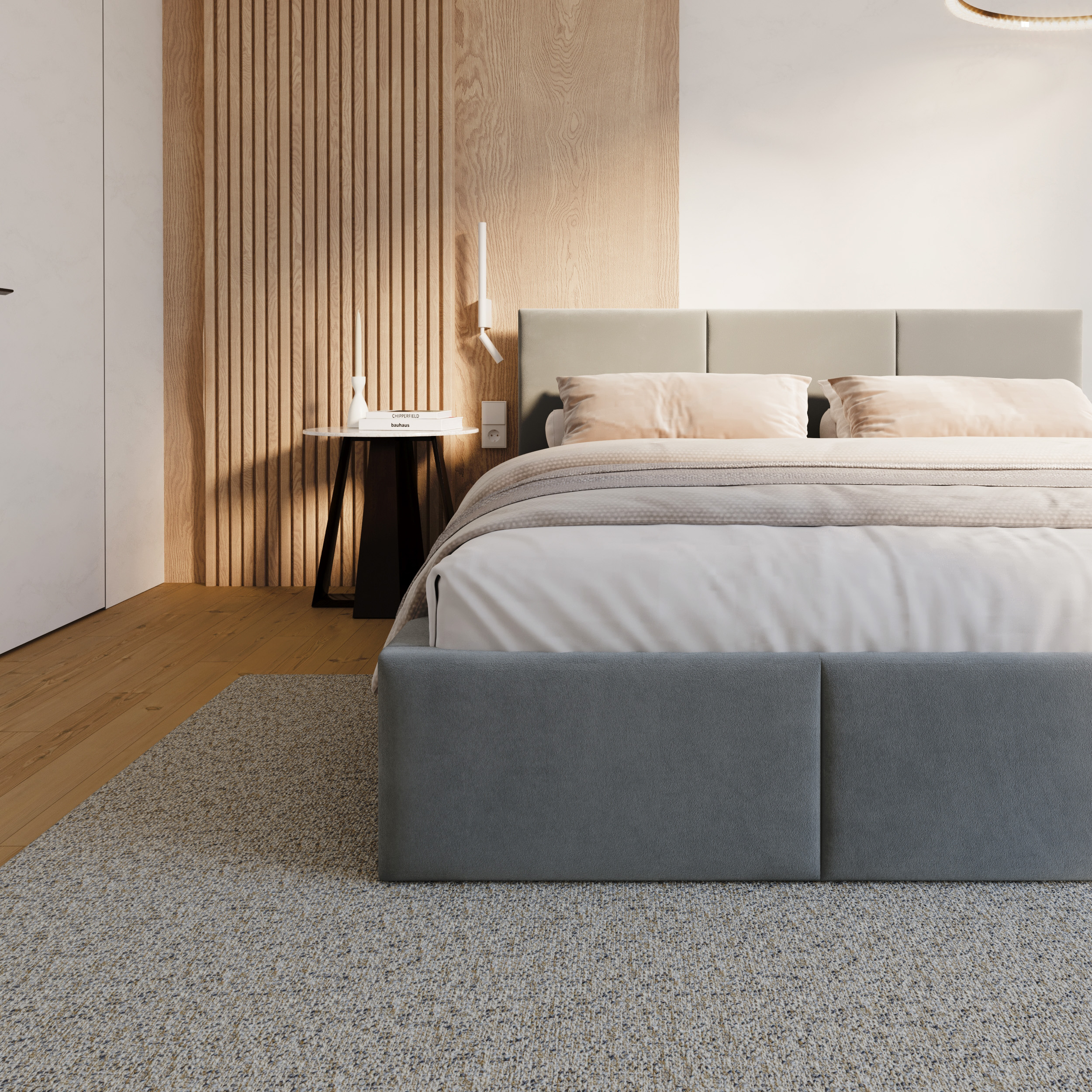 Čalouněná postel FRESIA 200x200 s kovovým zdvižným roštem ŠEDÁ TRINITY