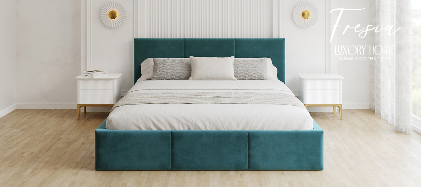 Čalouněná postel FRESIA 200x200 s kovovým zdvižným roštem TYRKYSOVÁ TRINITY