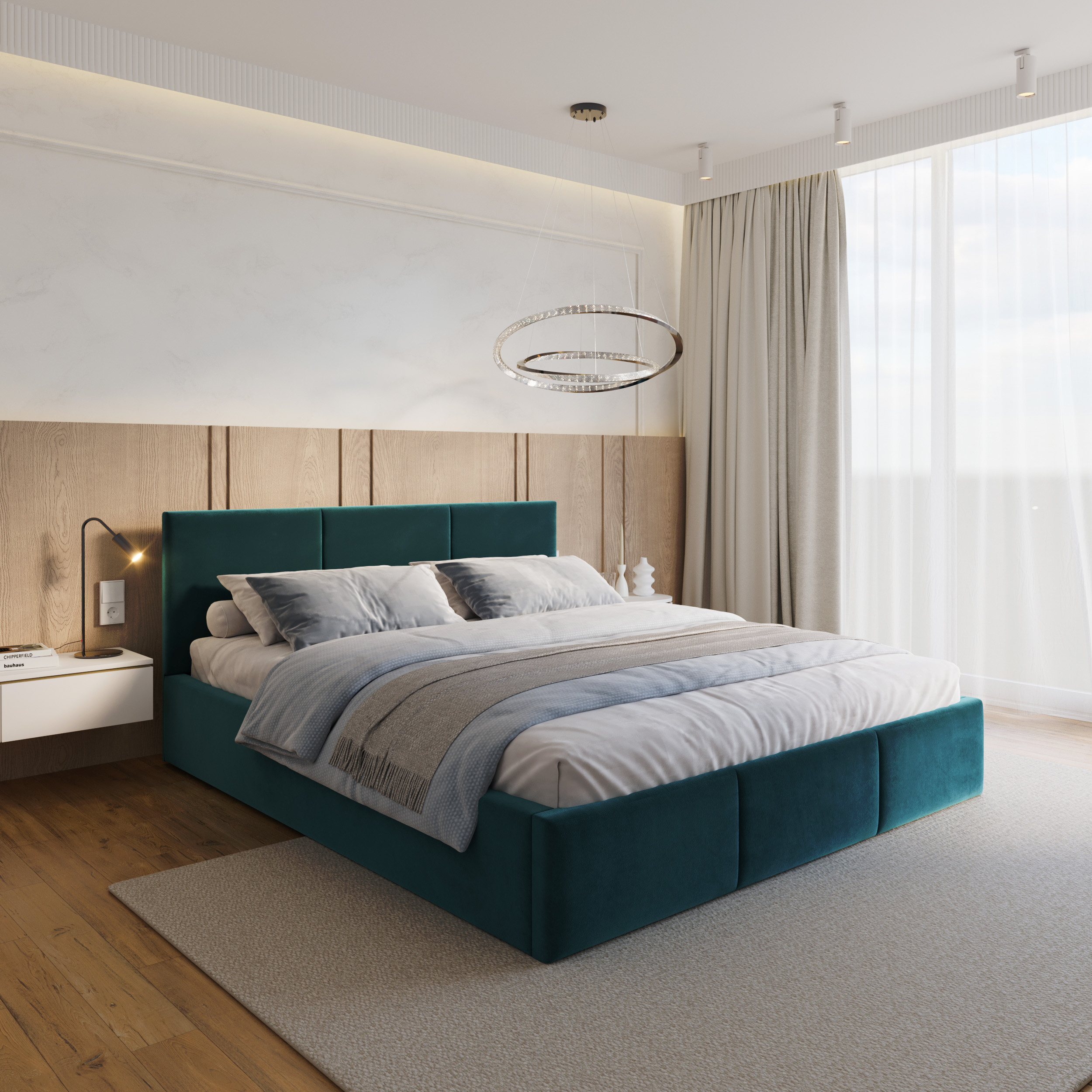 Čalouněná postel FRESIA 200x200 s kovovým zdvižným roštem TYRKYSOVÁ TRINITY