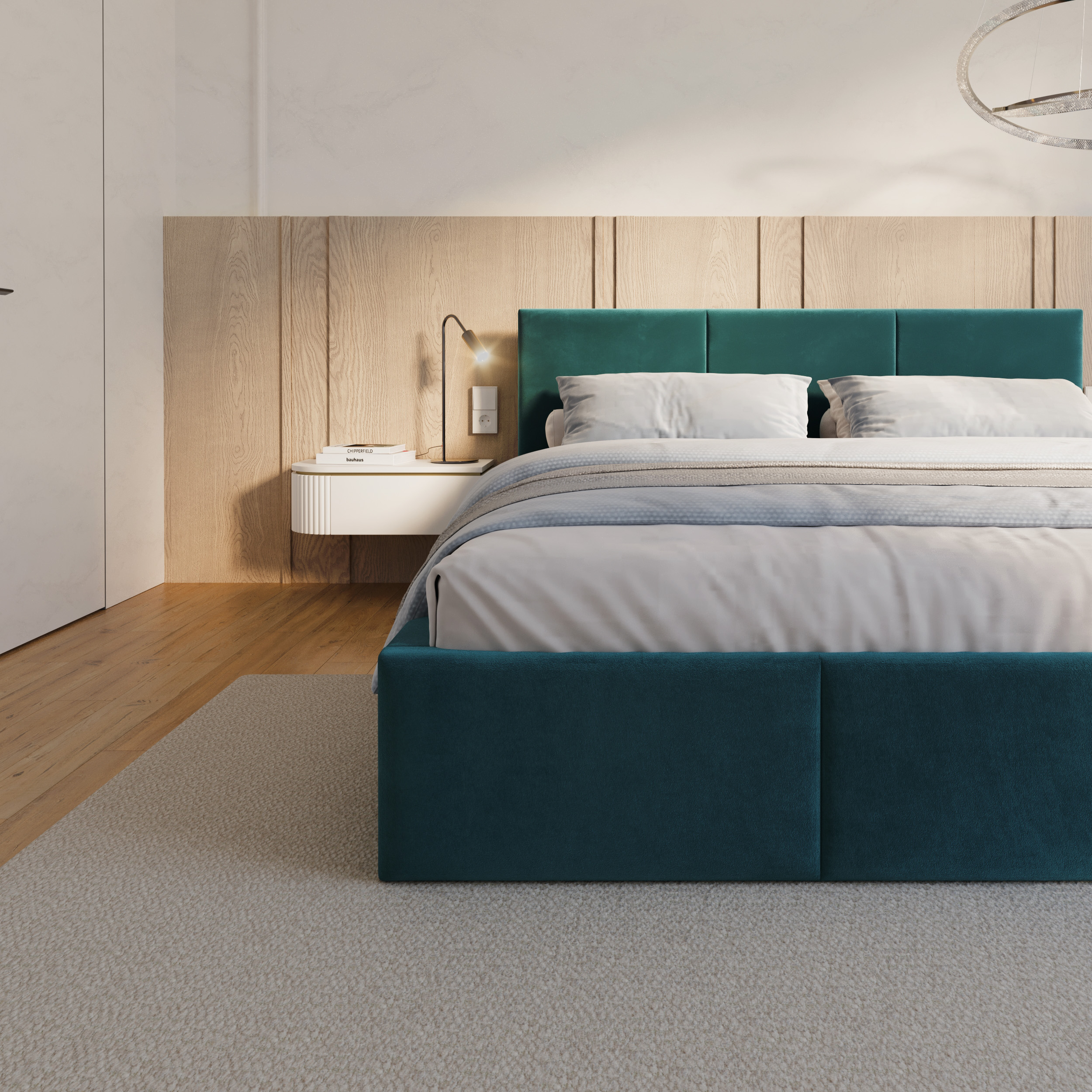 Čalouněná postel FRESIA 200x200 s kovovým zdvižným roštem TYRKYSOVÁ TRINITY