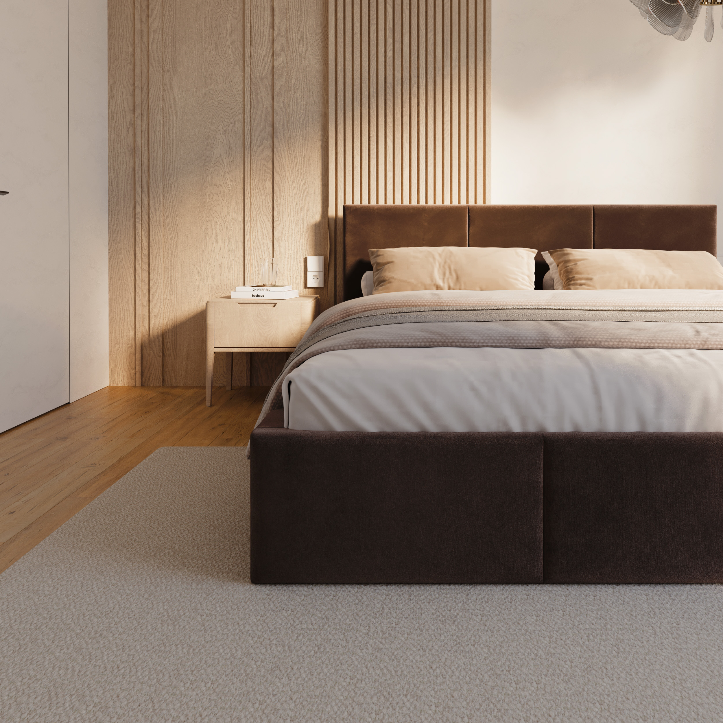 Čalouněná postel FRESIA 200x200 s kovovým zdvižným roštem HNĚDÁ TRINITY