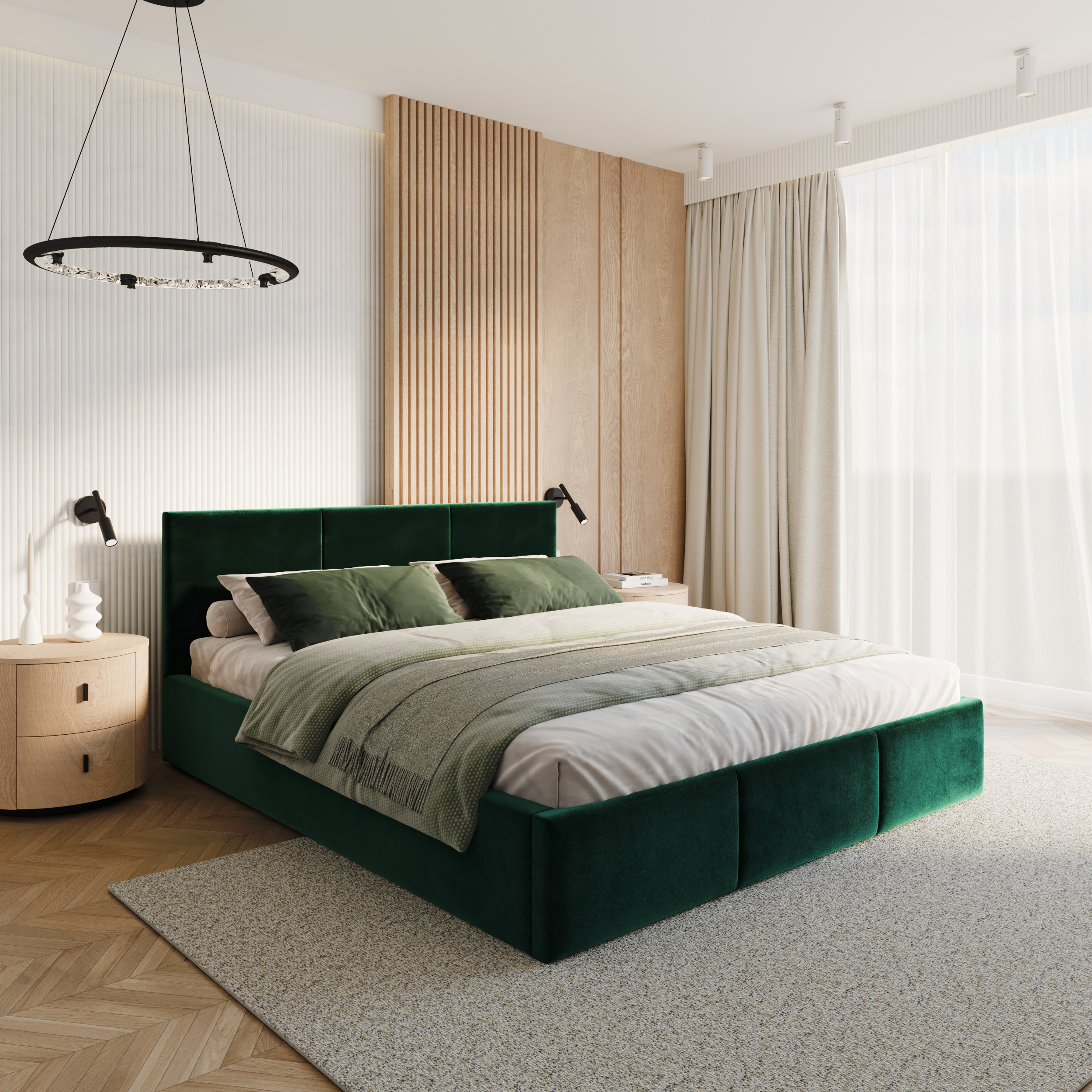 Čalouněná postel FRESIA 200x200 s kovovým zdvižným roštem ZELENÁ TRINITY