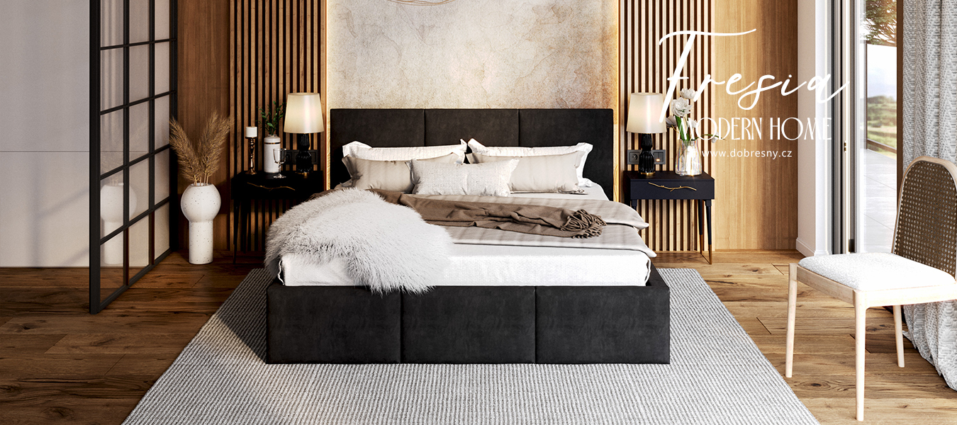 Čalouněná postel FRESIA 200x200 s kovovým zdvižným roštem ČERNÁ TRINITY