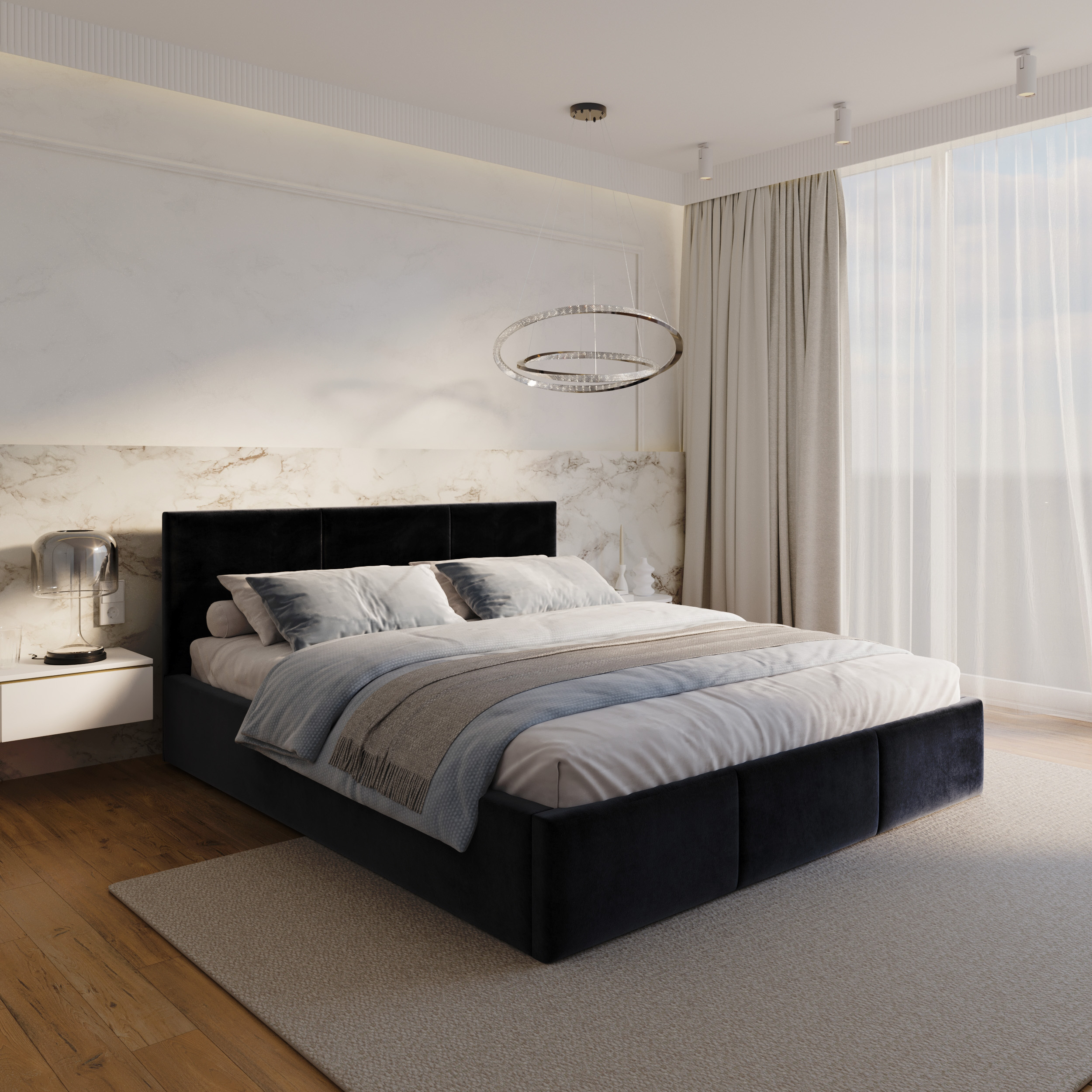 Čalouněná postel FRESIA 200x200 s kovovým zdvižným roštem ČERNÁ TRINITY