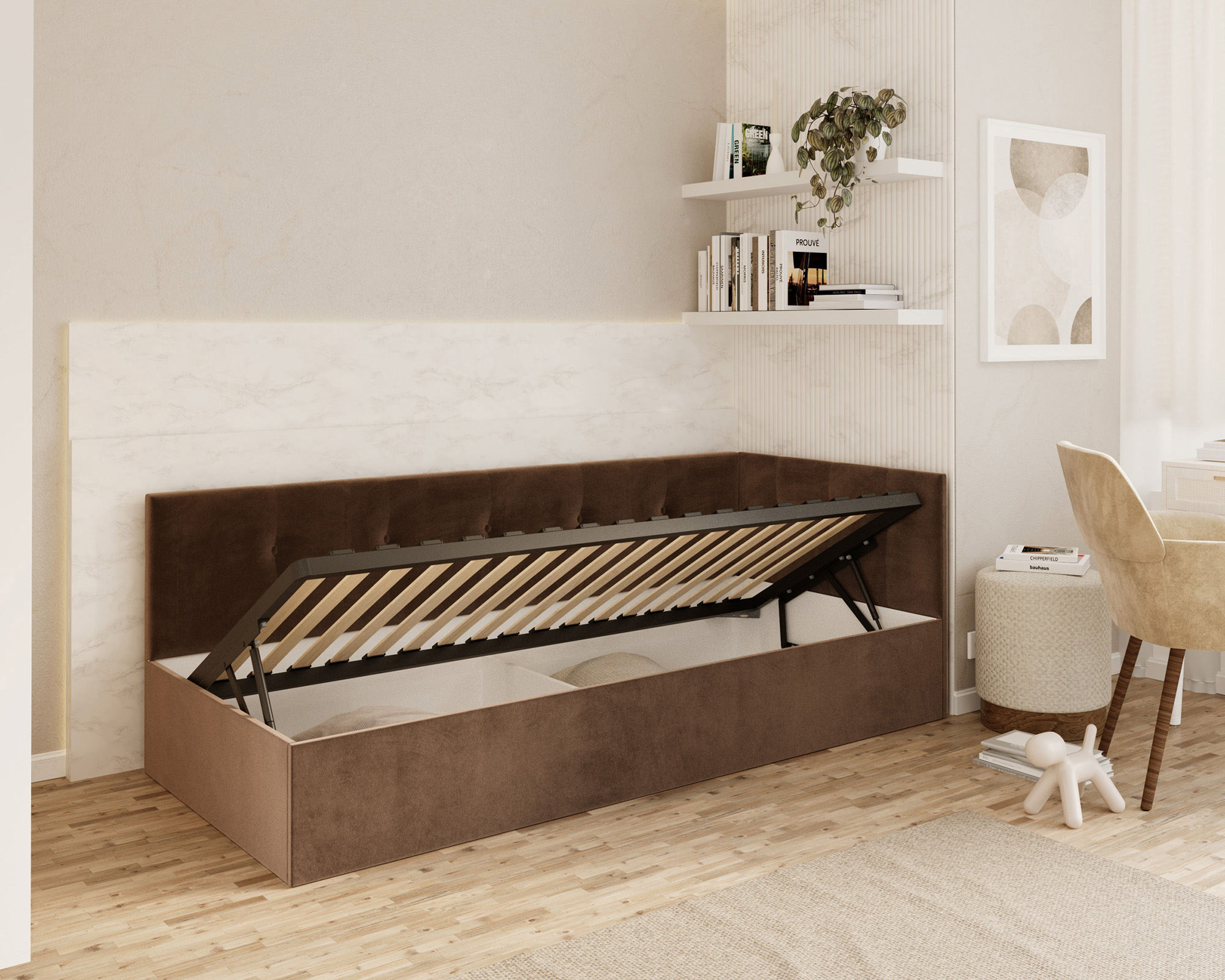 Postel EDDY 2 pro děti a mládež hnědá TRINITY 90x200 kovový zdvižný rošt