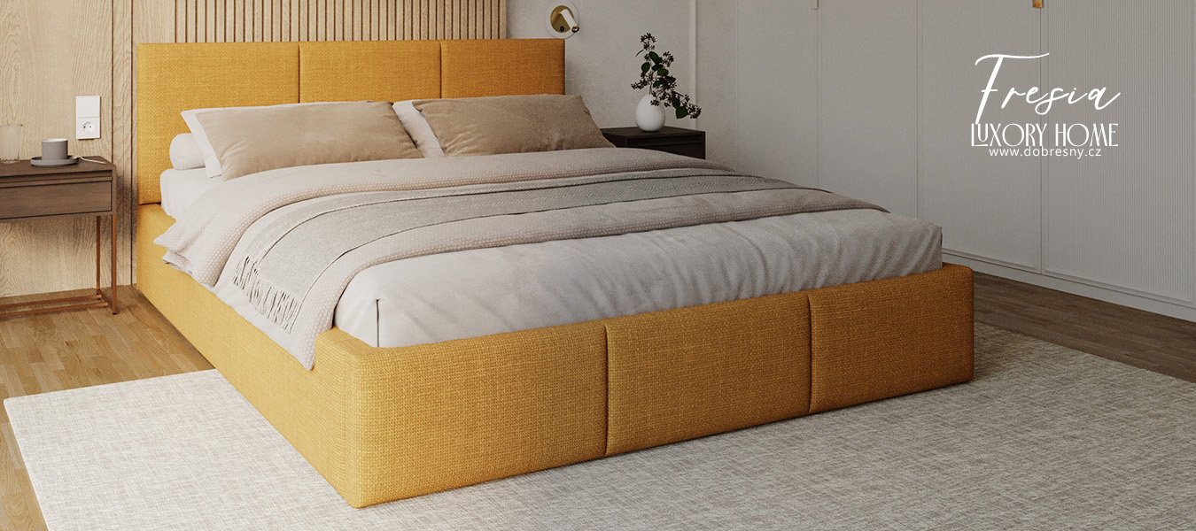 Čalouněná postel FRESIA 90x200cm Žlutá Ottawa s úložným prostorem kovový rošt