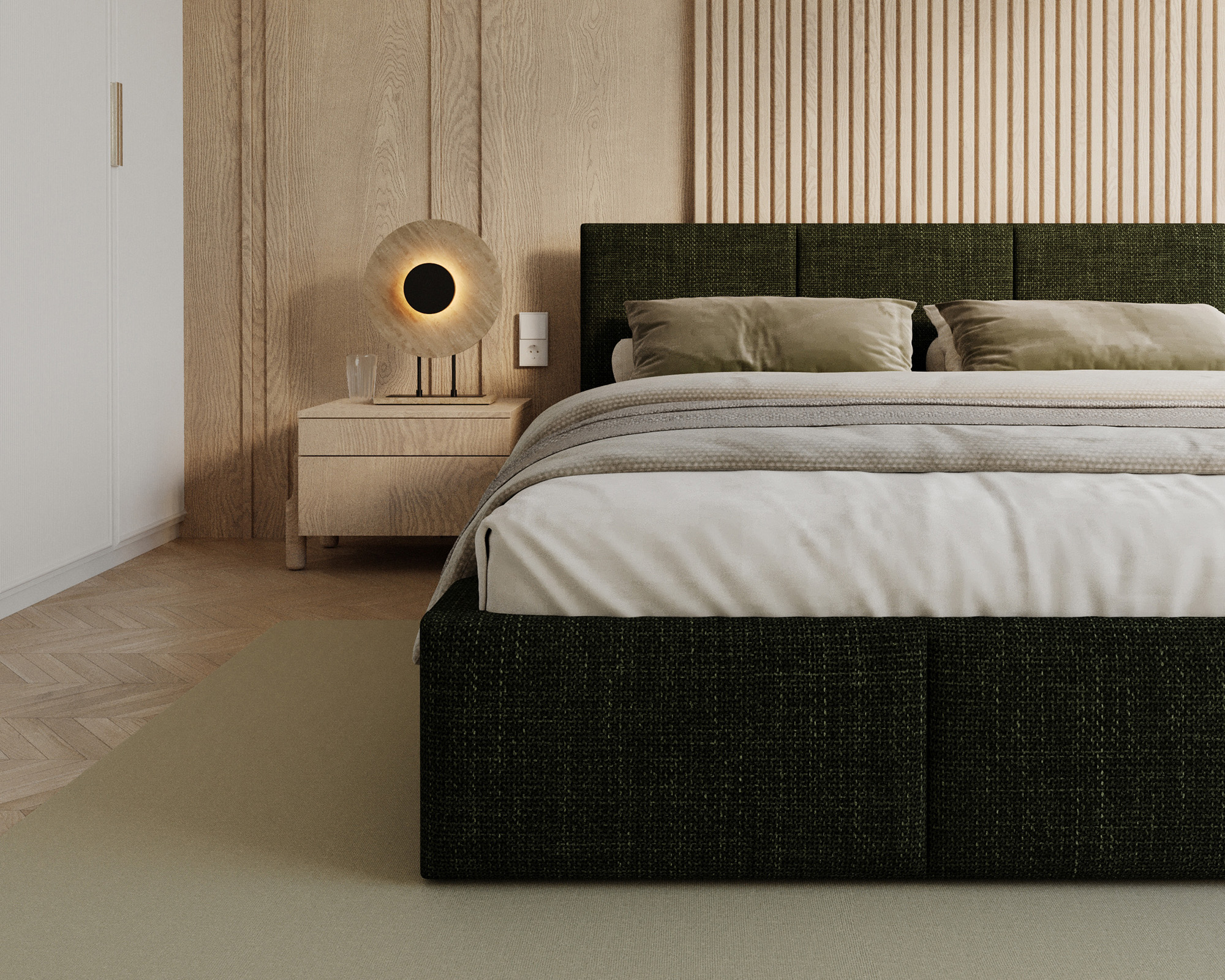 Čalouněná postel FRESIA 90x200cm Olivová Ottawa s úložným prostorem kovový rošt