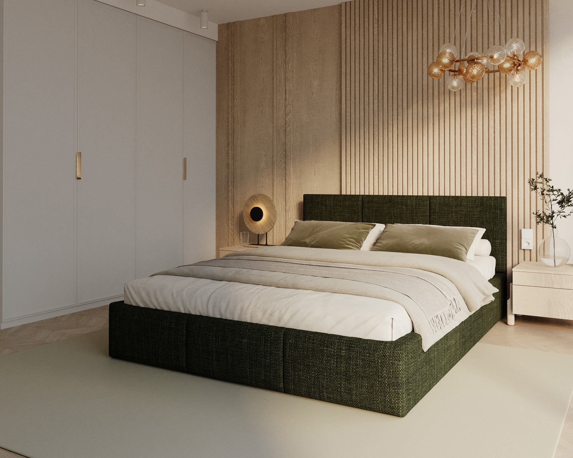 Čalouněná postel FRESIA 140x200cm Olivová Ottawa s úložným prostorem kovový rošt