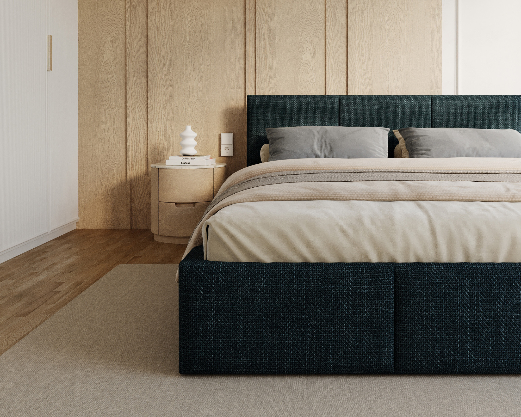 Čalouněná postel FRESIA 140x200cm Tmavě modrá Ottawa s úložným prostorem kovový rošt