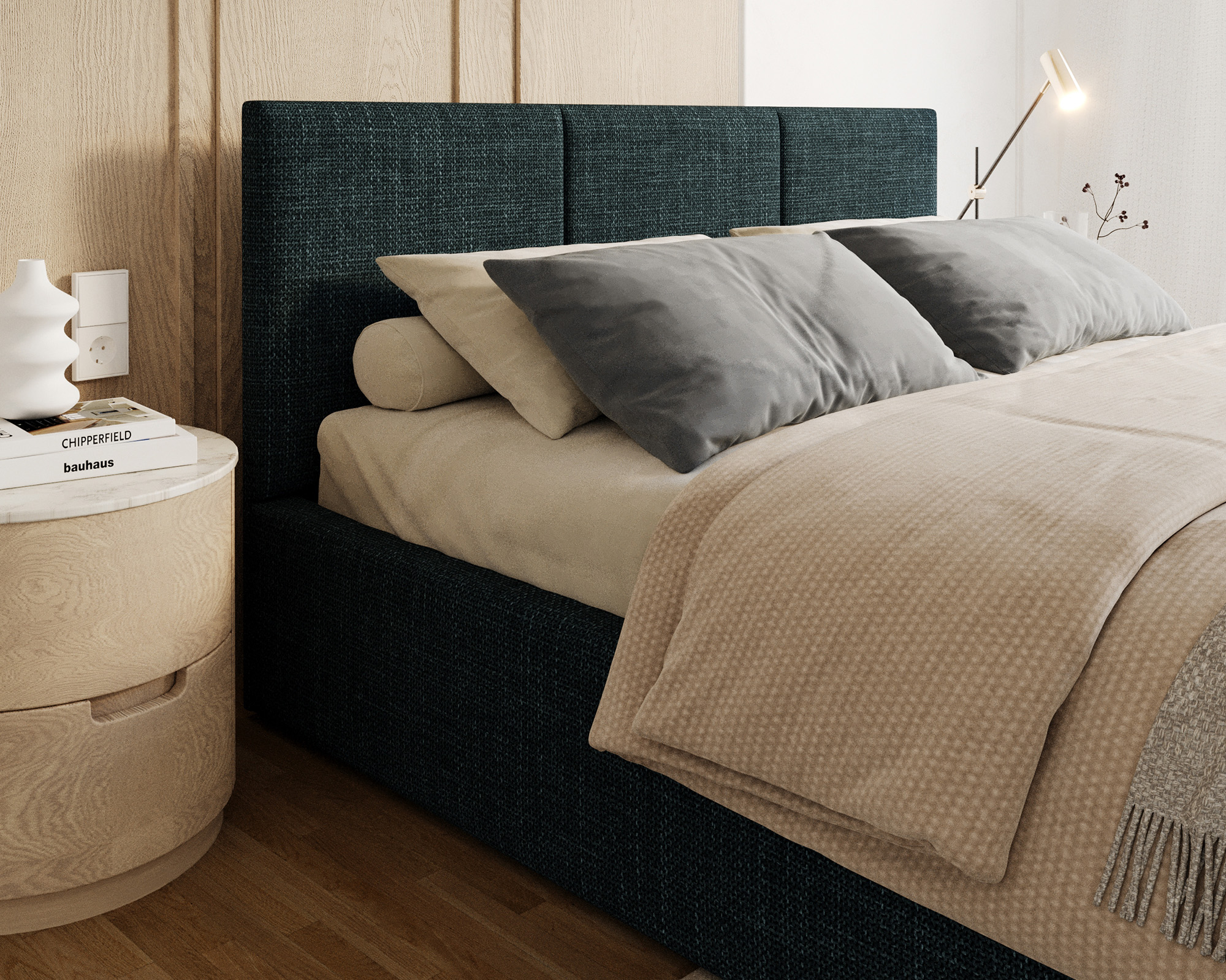 Čalouněná postel FRESIA 140x200cm Tmavě modrá Ottawa s úložným prostorem kovový rošt