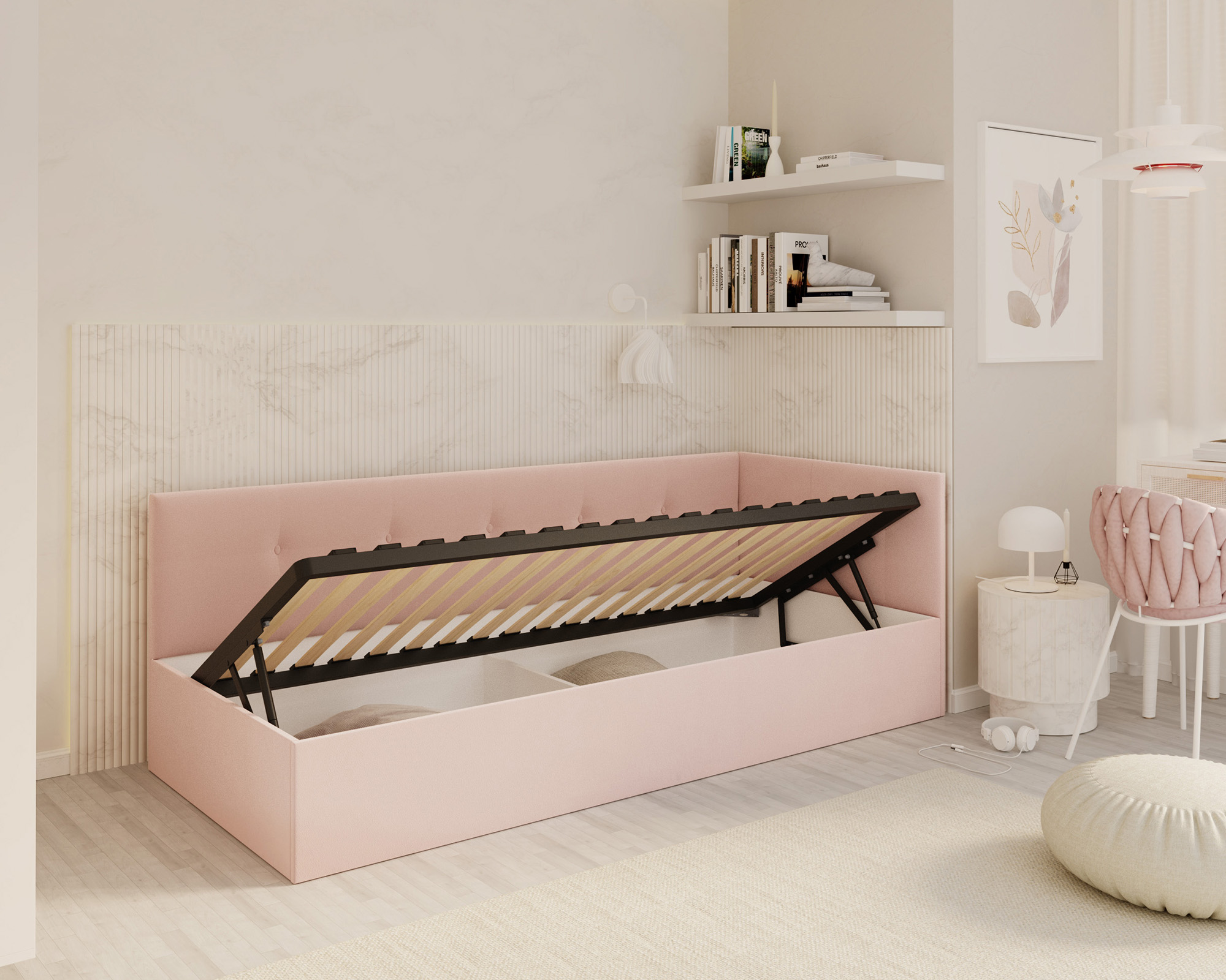 Postel EDDY 2 pro děti a mládež pudrová růžová TRINITY 100x200 kovový zdvižný rošt