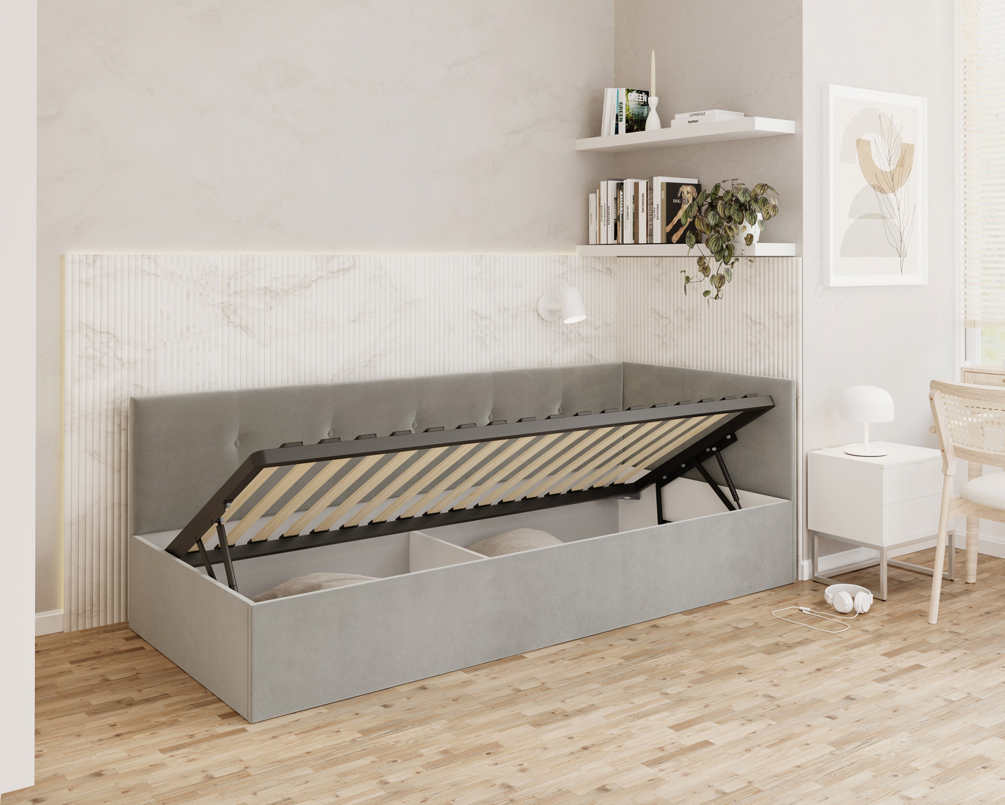 Postel EDDY 2 pro děti a mládež šedá TRINITY 100x200 kovový zdvižný rošt