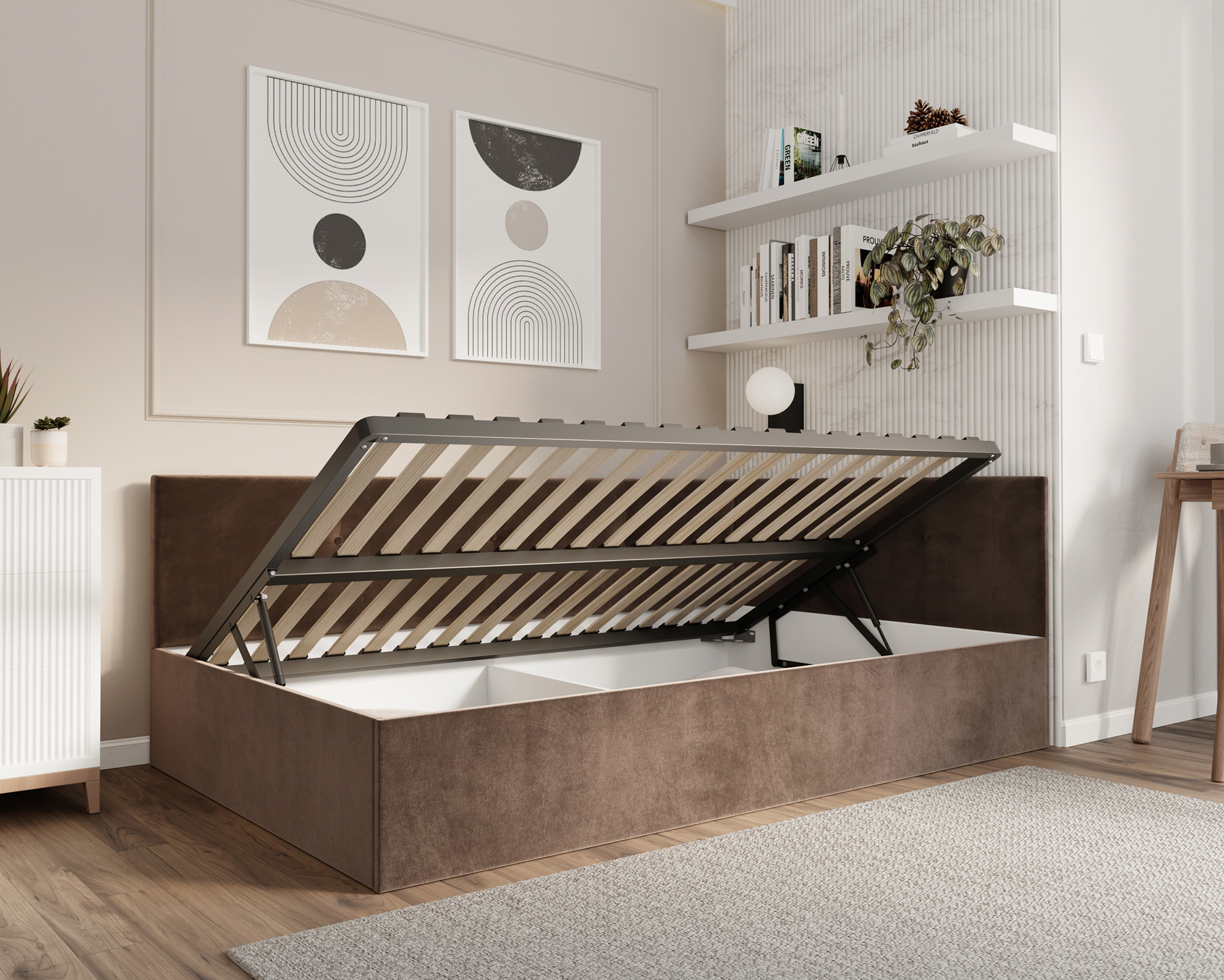 Postel EDDY 2 pro děti a mládež hnědá TRINITY 120x200 kovový zdvižný rošt