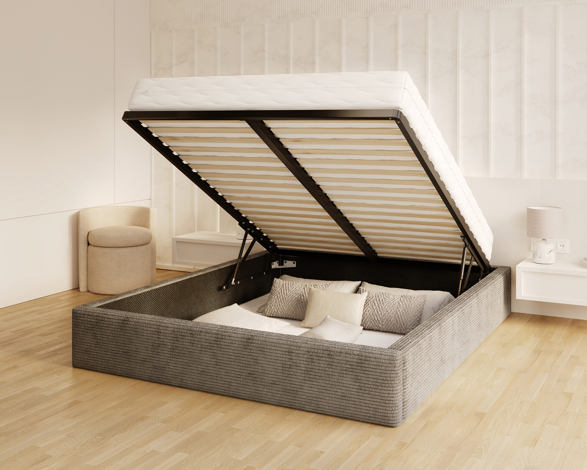 Čalouněná postel ORLANDO 90x200 Tmavě šedá Sztruks s úložným prostorem kovový rošt