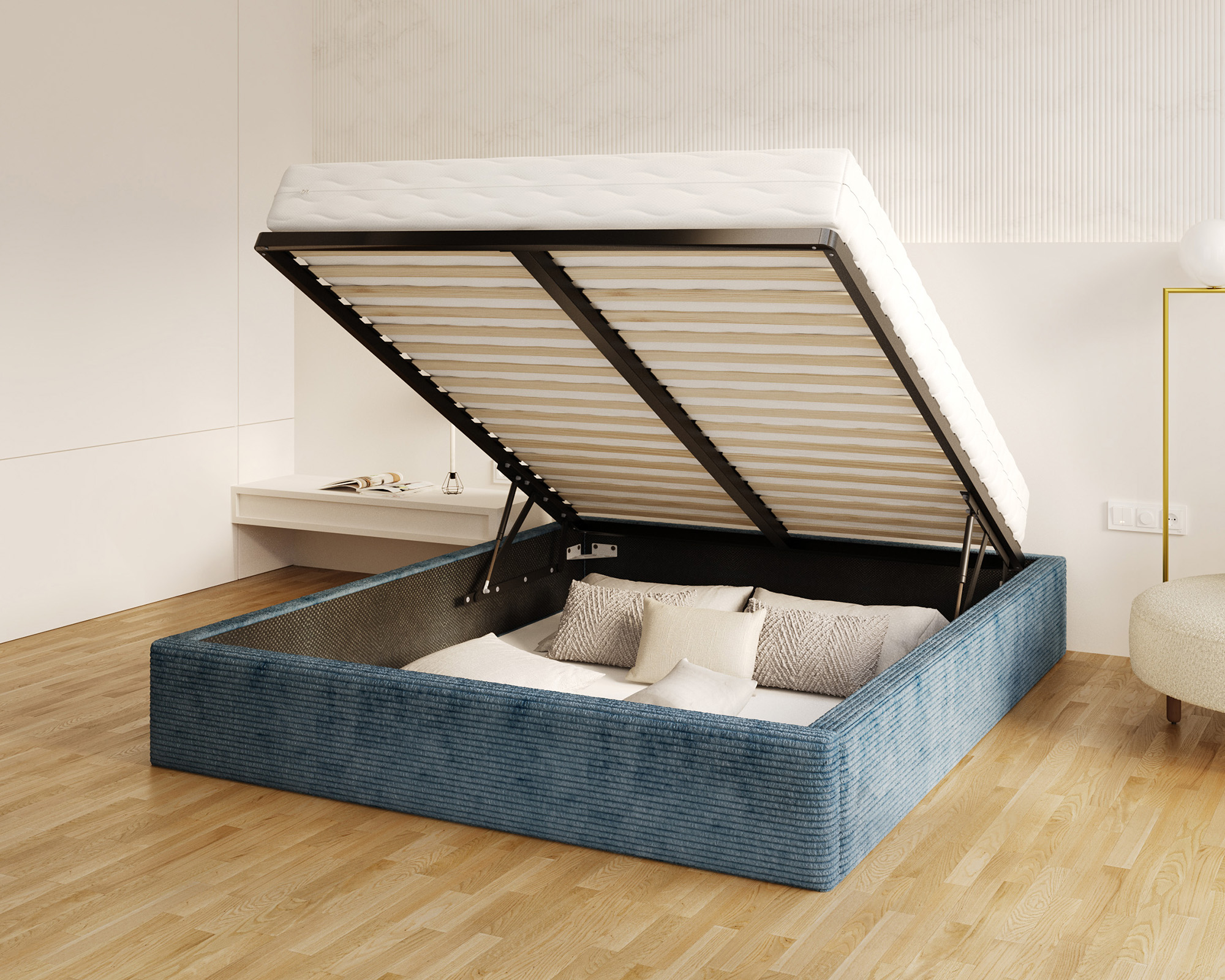 Čalouněná postel ORLANDO 90x200 Modrá Sztruks s úložným prostorem kovový rošt