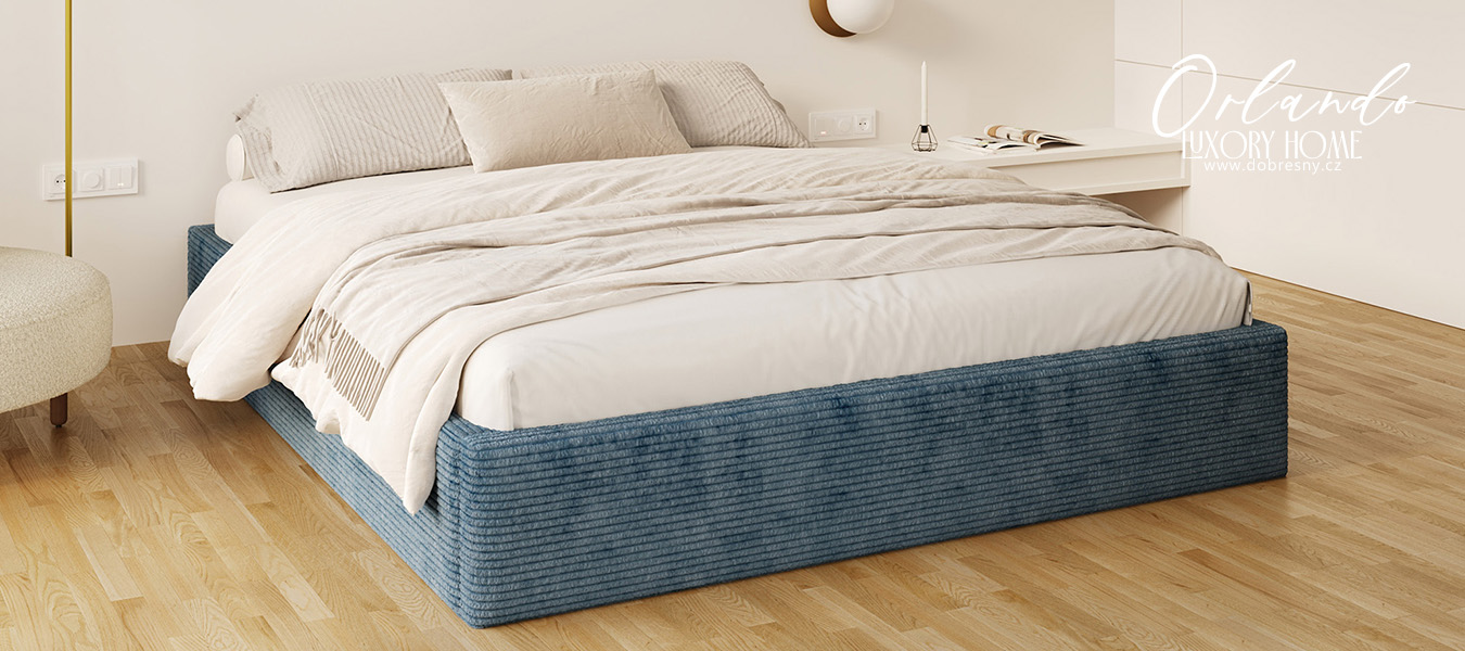 Čalouněná postel ORLANDO 180x200 Modrá Sztruks s úložným prostorem kovový rošt