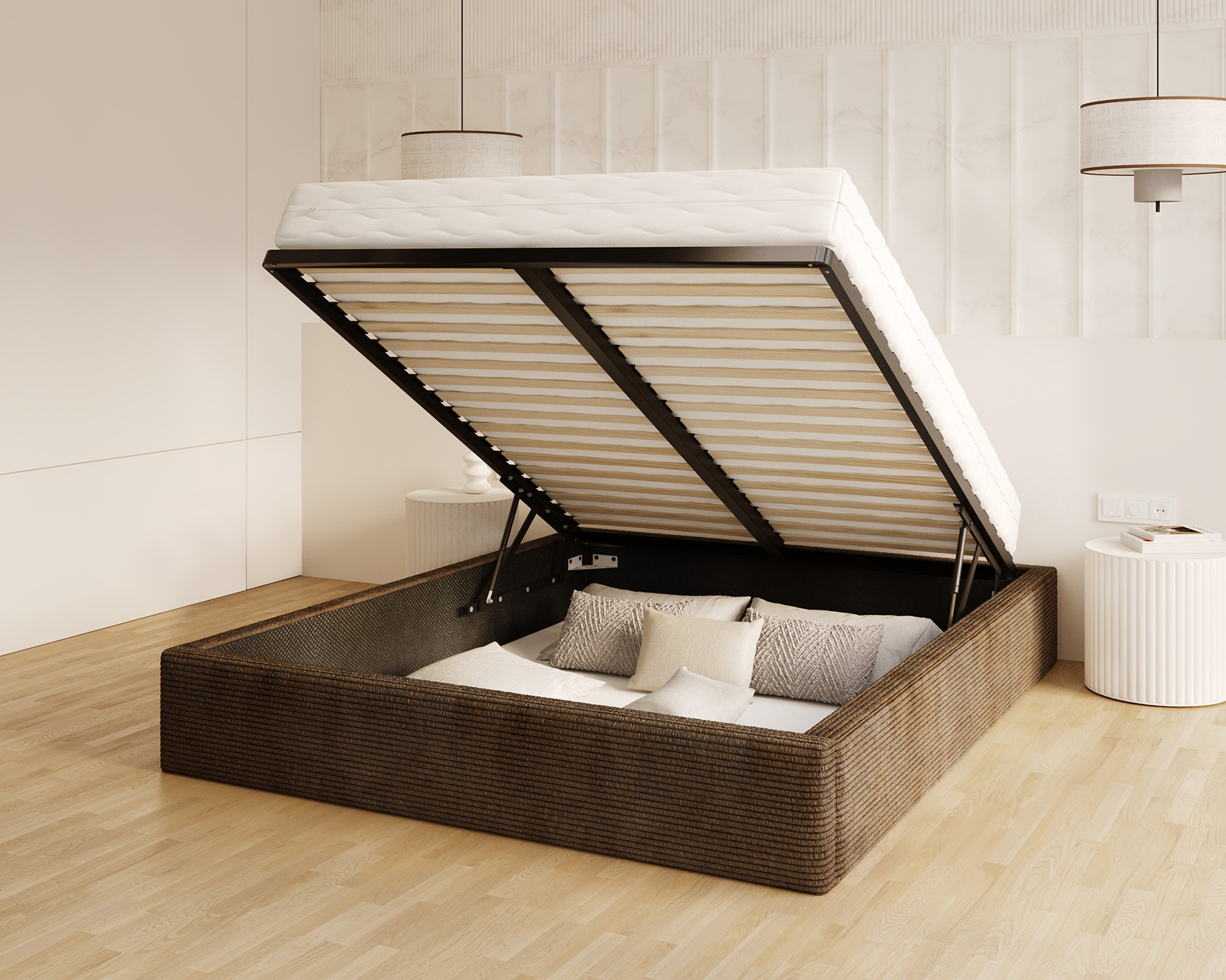 Čalouněná postel ORLANDO 120x200 Hnědá Sztruks s úložným prostorem kovový rošt