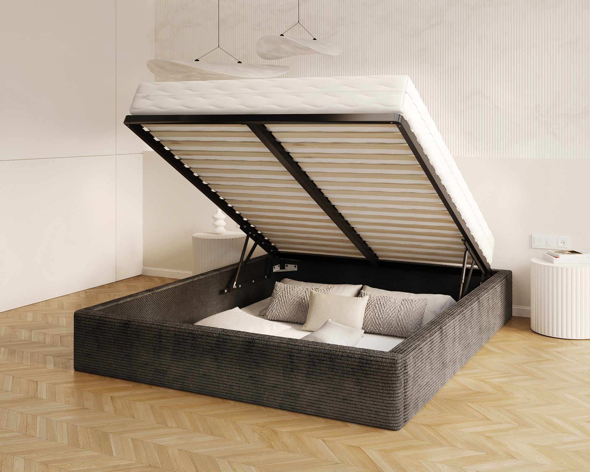 Čalouněná postel ORLANDO 90x200 Černá Sztruks s úložným prostorem kovový rošt