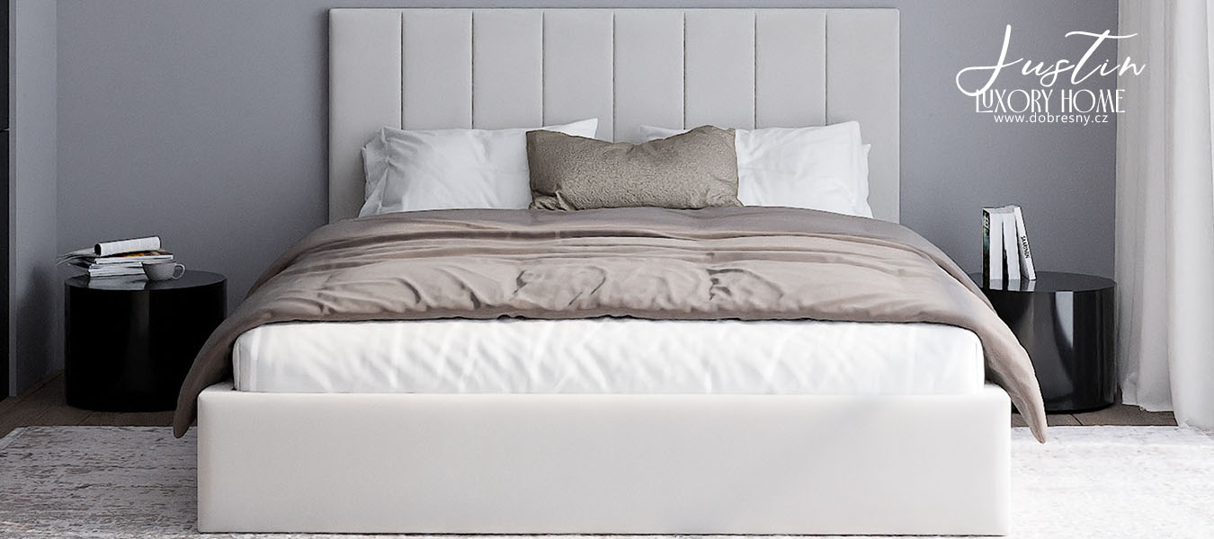Čalouněná postel JUSTIN 90x200 Bílá Trinity s úložným prostorem kovový rošt
