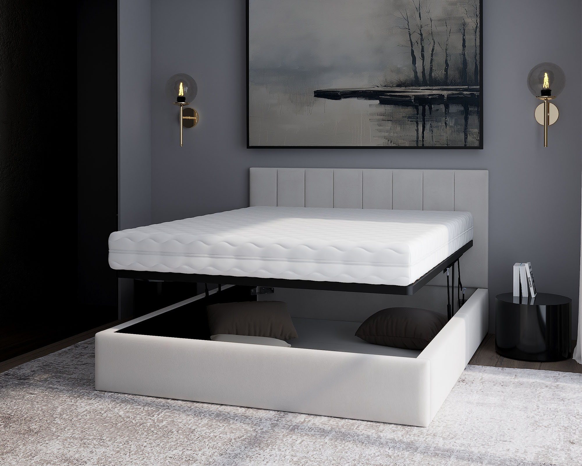 Čalouněná postel JUSTIN 90x200 Bílá Trinity s úložným prostorem kovový rošt