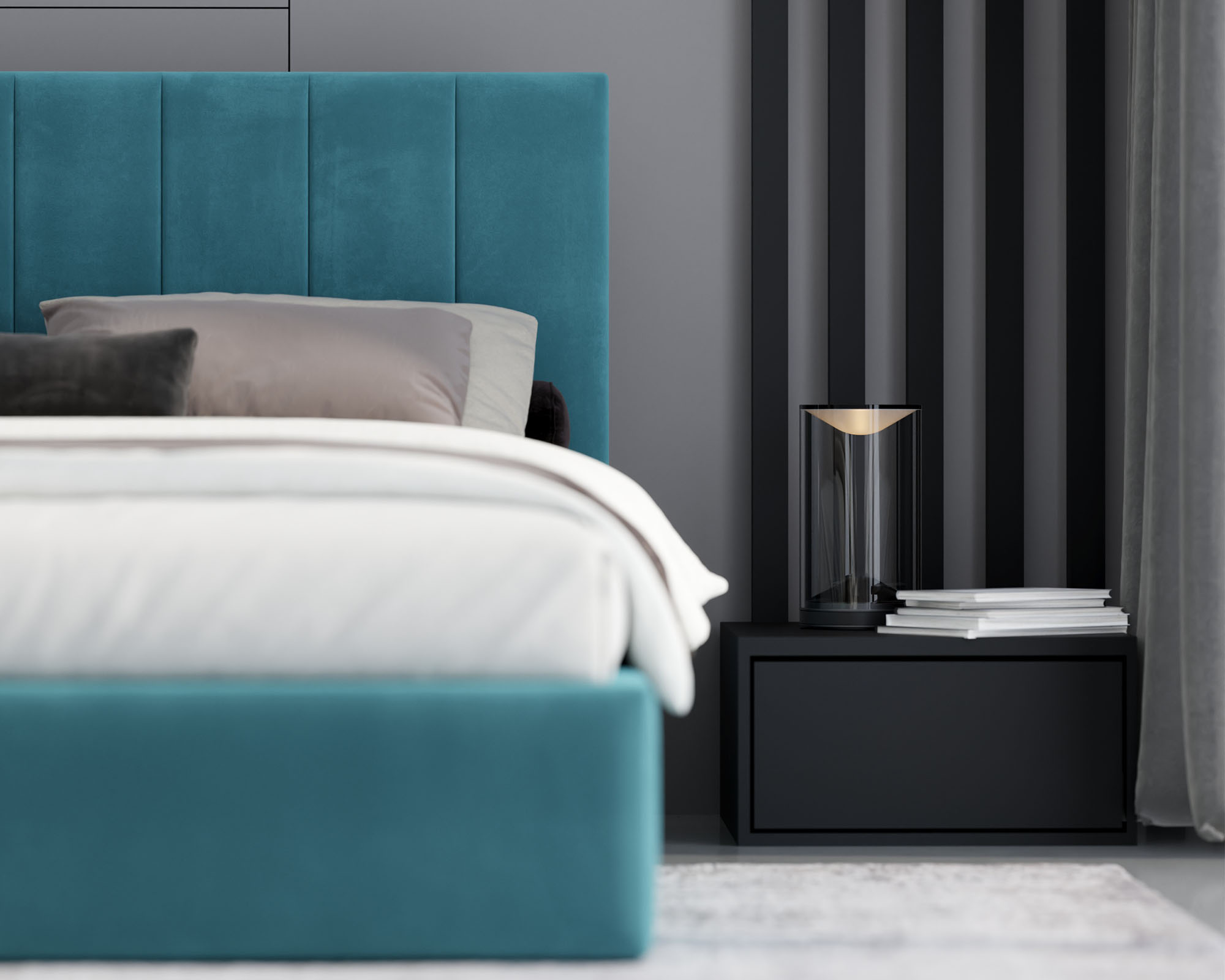 Čalouněná postel JUSTIN 120x200 Tyrkysová Trinity s úložným prostorem kovový rošt