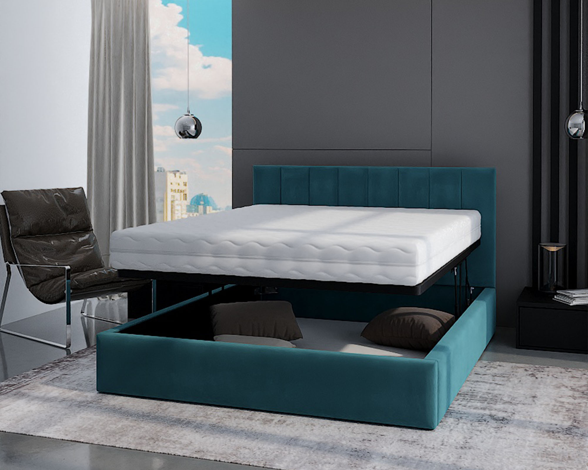 Čalouněná postel JUSTIN 140x200 Tyrkysová Trinity s úložným prostorem kovový rošt