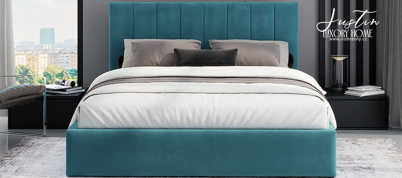 Čalouněná postel JUSTIN 160x200 Tyrkysová Trinity s úložným prostorem kovový rošt