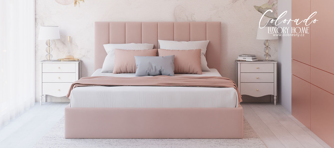 Čalouněná postel COLORADO 200x200 s kovovým zdvižným roštem RŮŽOVÁ TRINITY