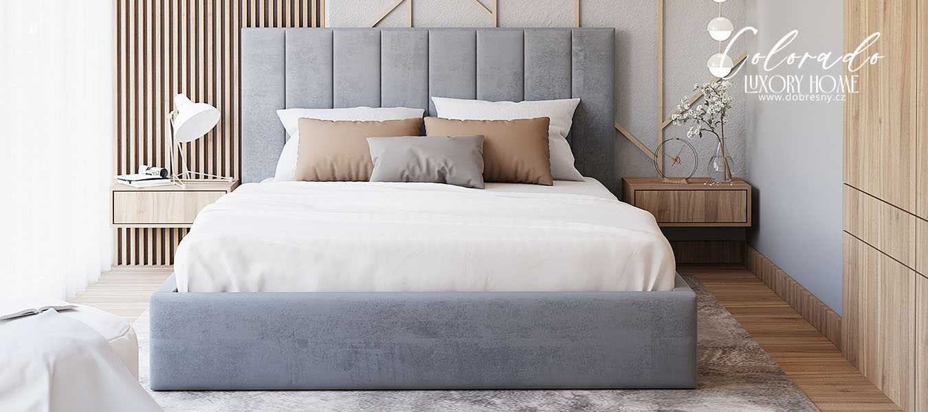 Čalouněná postel COLORADO 180x200 s kovovým zdvižným roštem ŠEDÁ TRINITY