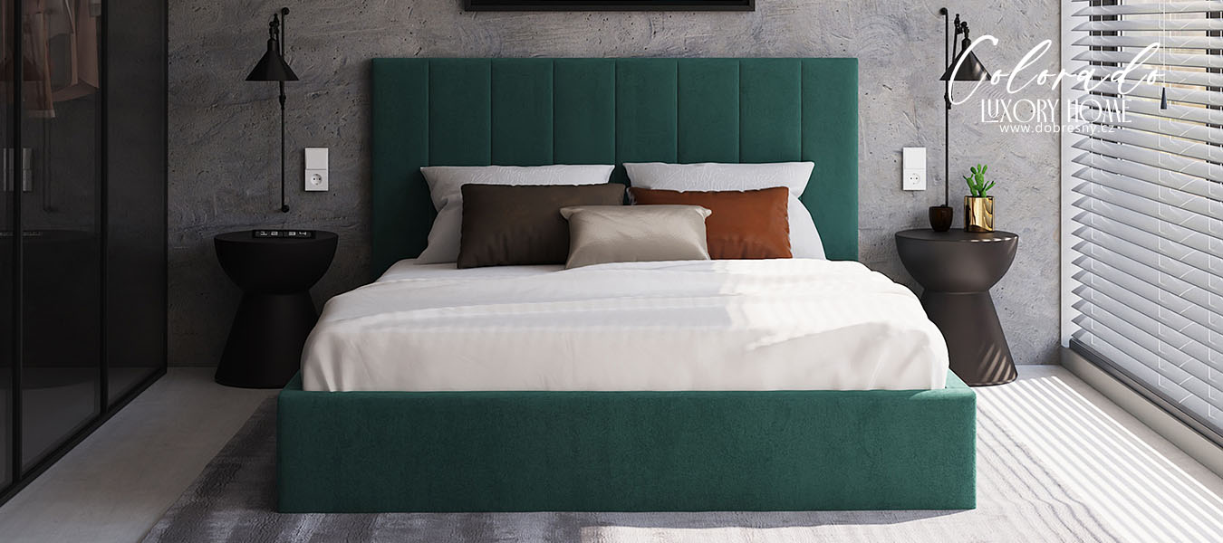 Čalouněná postel COLORADO 160x200 s kovovým zdvižným roštem TYRKYSOVÁ TRINITY