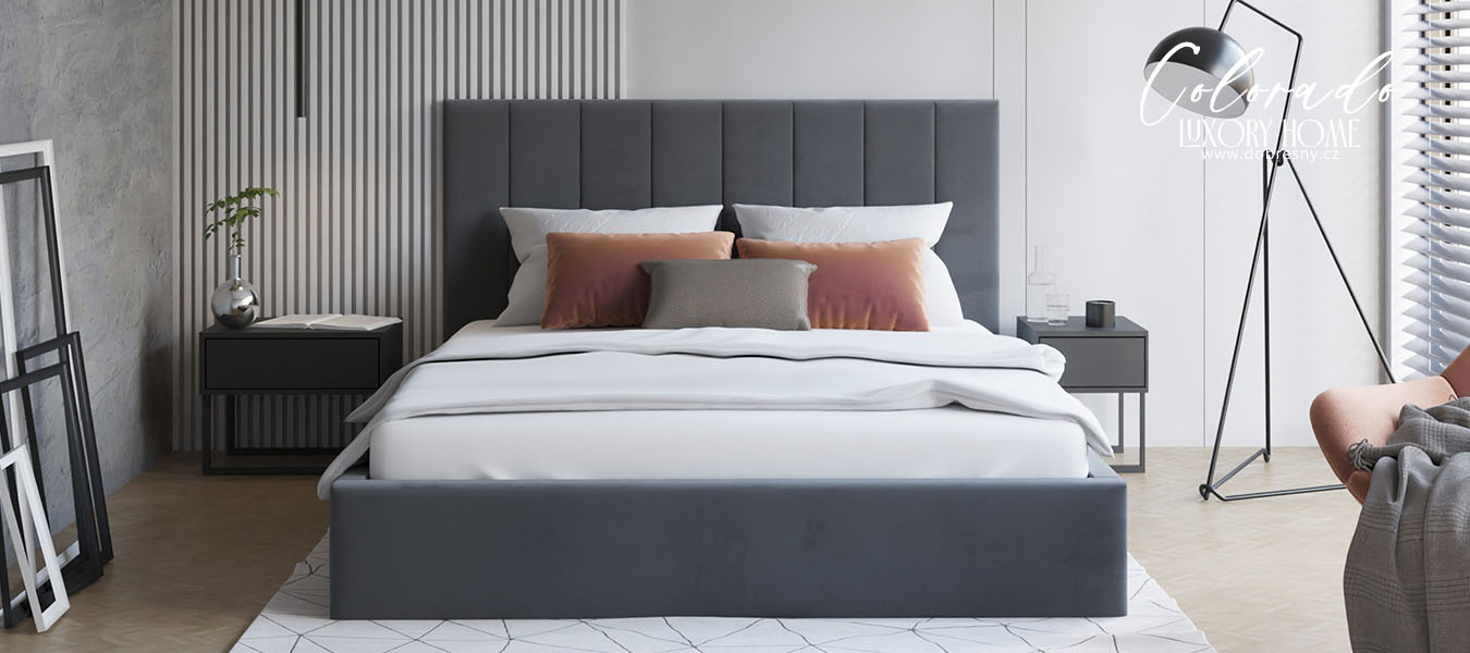 Čalouněná postel COLORADO 200x200 s kovovým zdvižným roštem TMAVĚ ŠEDÁ TRINITY