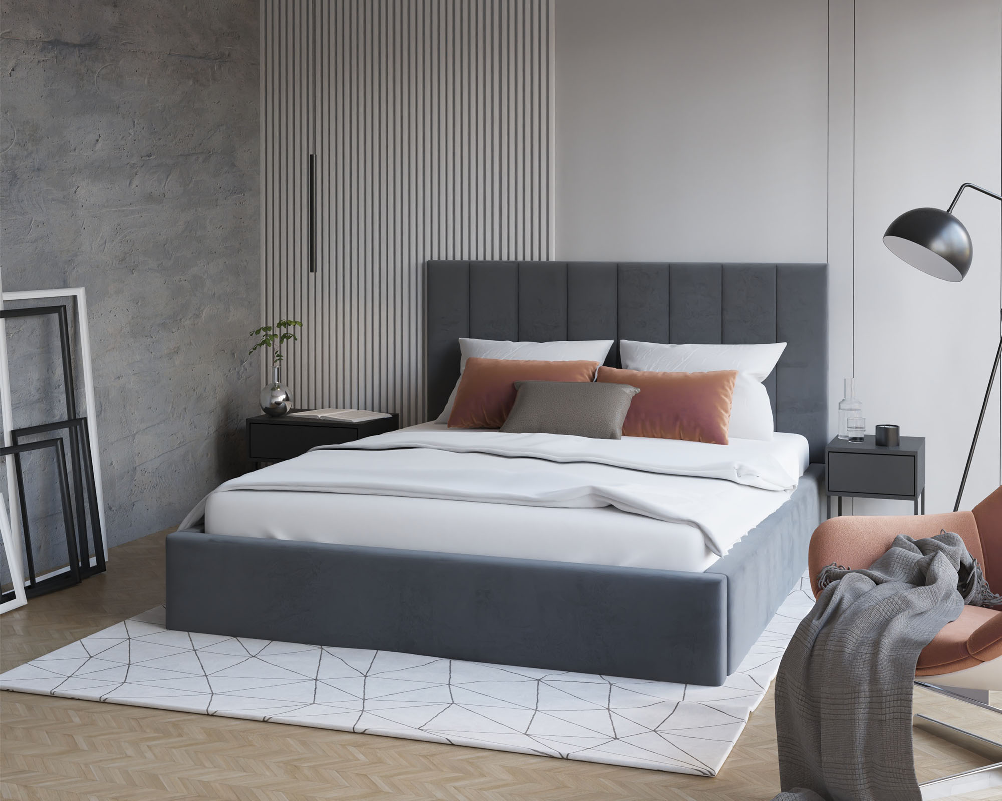 Čalouněná postel COLORADO 200x200 s kovovým zdvižným roštem TMAVĚ ŠEDÁ TRINITY