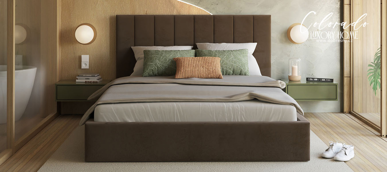 Čalouněná postel COLORADO 90x200 s kovovým zdvižným roštem HNĚDÁ TRINITY