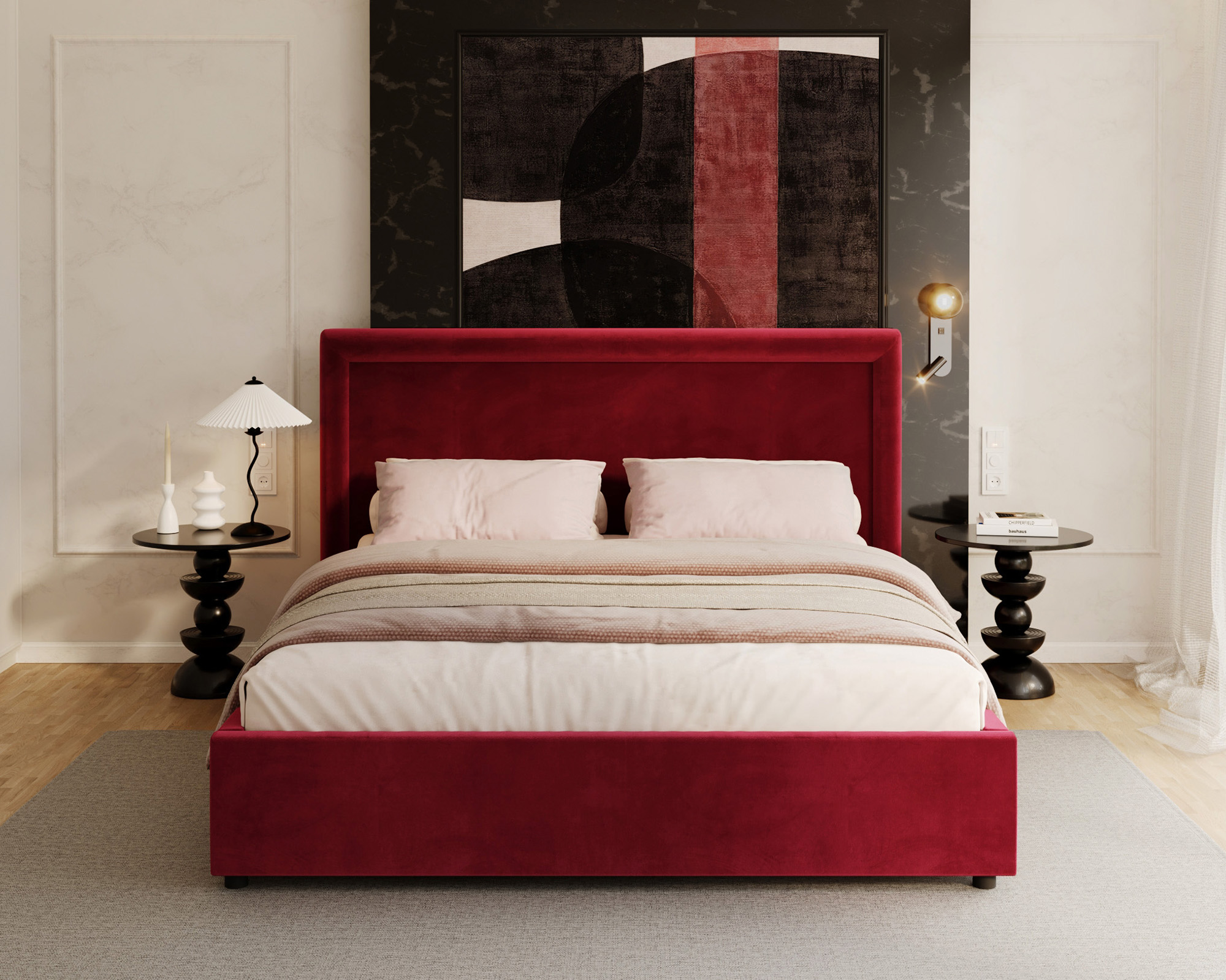 Čalouněná postel NOBILE 180x200 Vínová Paris s úložným prostorem kovový rošt