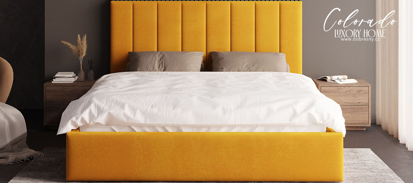 Čalouněná postel COLORADO 180x200 s kovovým zdvižným roštem ŽLUTÁ PARIS