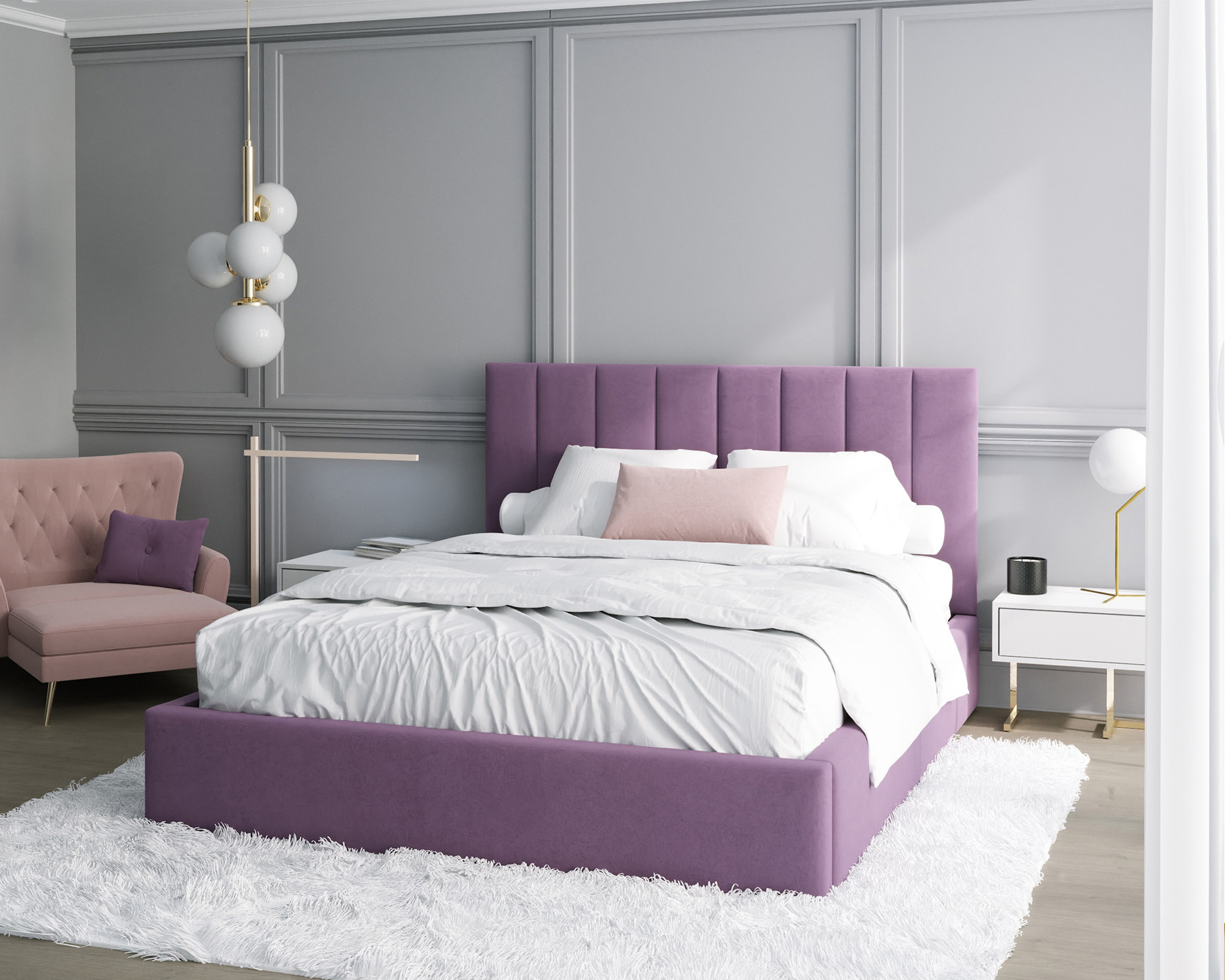 Čalouněná postel COLORADO 180x200 s kovovým zdvižným roštem FIALOVÁ PARIS