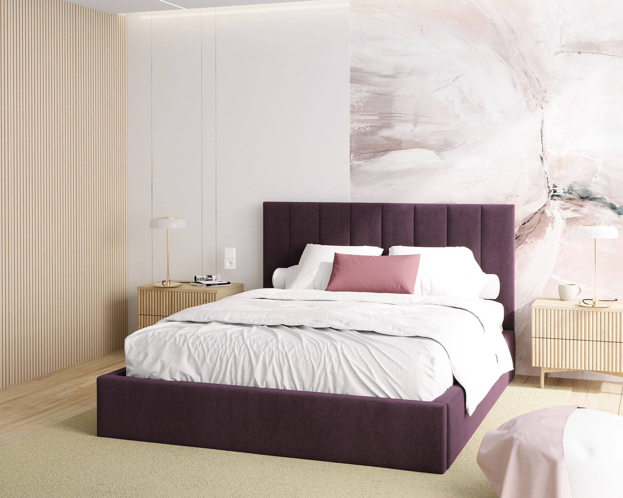 Čalouněná postel COLORADO 90x200 s kovovým zdvižným roštem TMAVĚ FIALOVÁ PARIS
