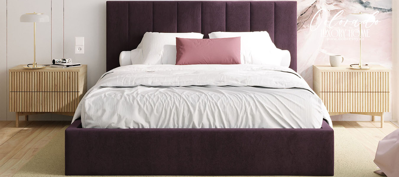 Čalouněná postel COLORADO 140x200 s kovovým zdvižným roštem TMAVĚ FIALOVÁ PARIS