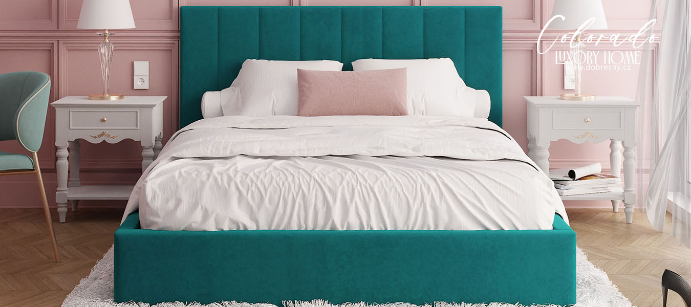 Čalouněná postel COLORADO 160x200 s kovovým zdvižným roštem TYRKYSOVÁ PARIS
