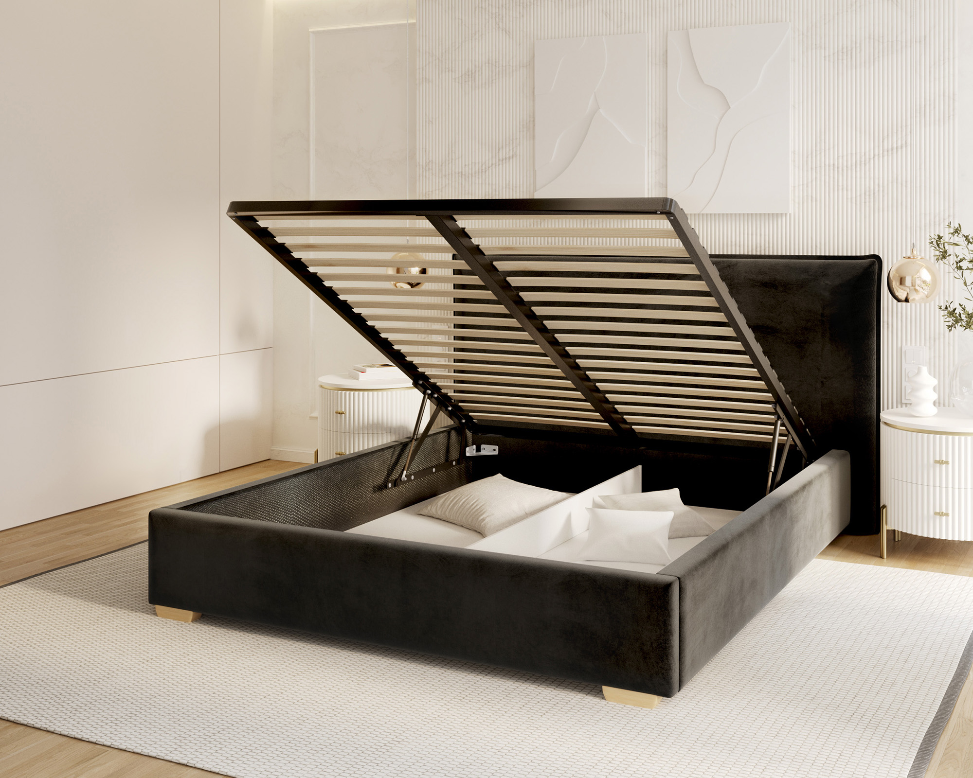 Čalouněná postel PERFETTO 140x200 s kovovým zdvižným roštem ČERNÁ PARIS