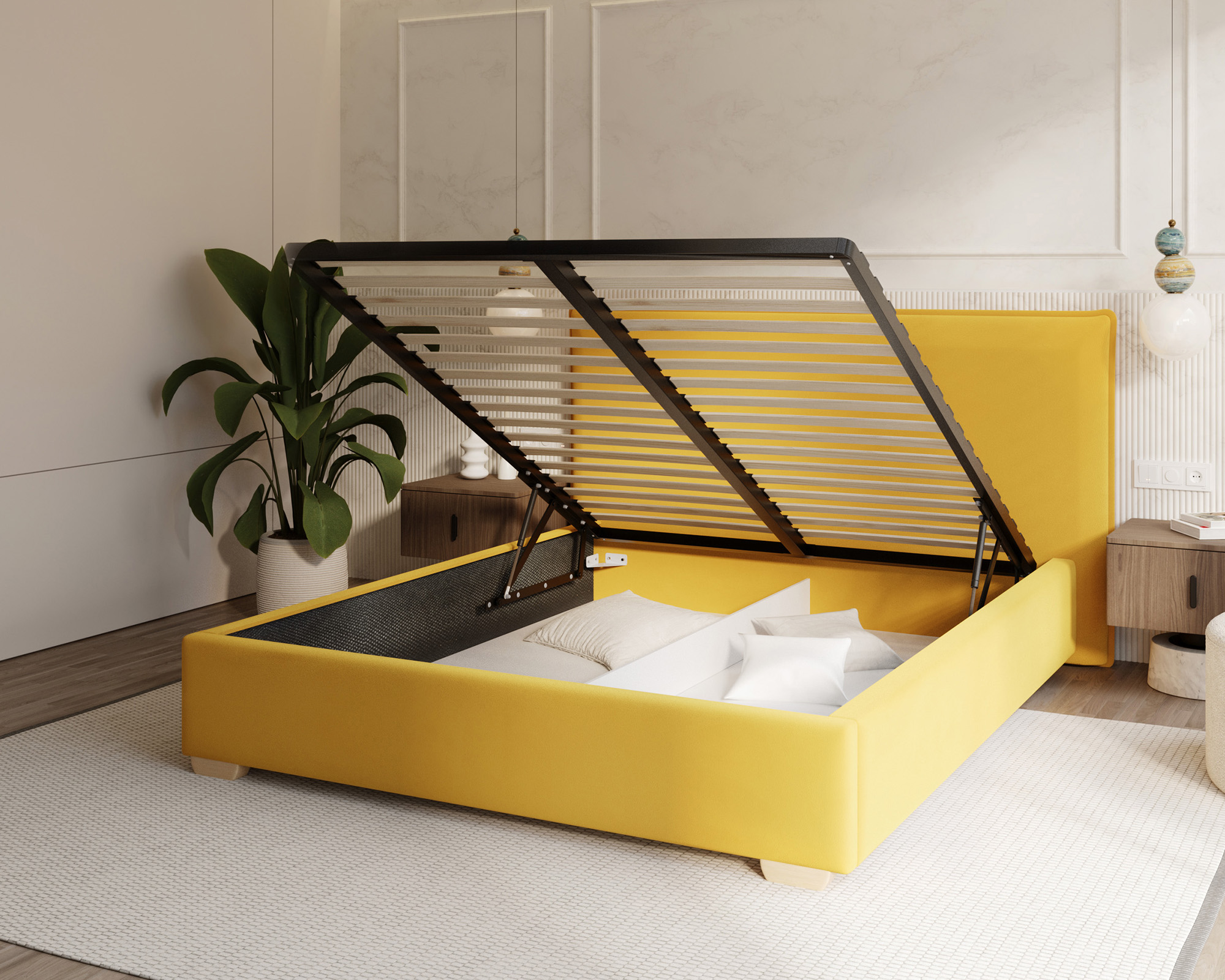 Čalouněná postel PERFETTO 160x200 s kovovým zdvižným roštem ŽLUTÁ PARIS