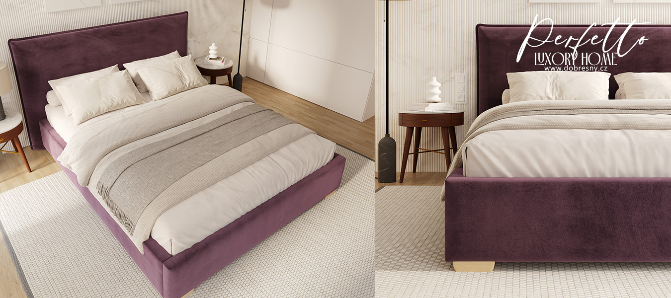 Čalouněná postel PERFETTO 140x200 s kovovým zdvižným roštem TMAVĚ FIALOVÁ PARIS