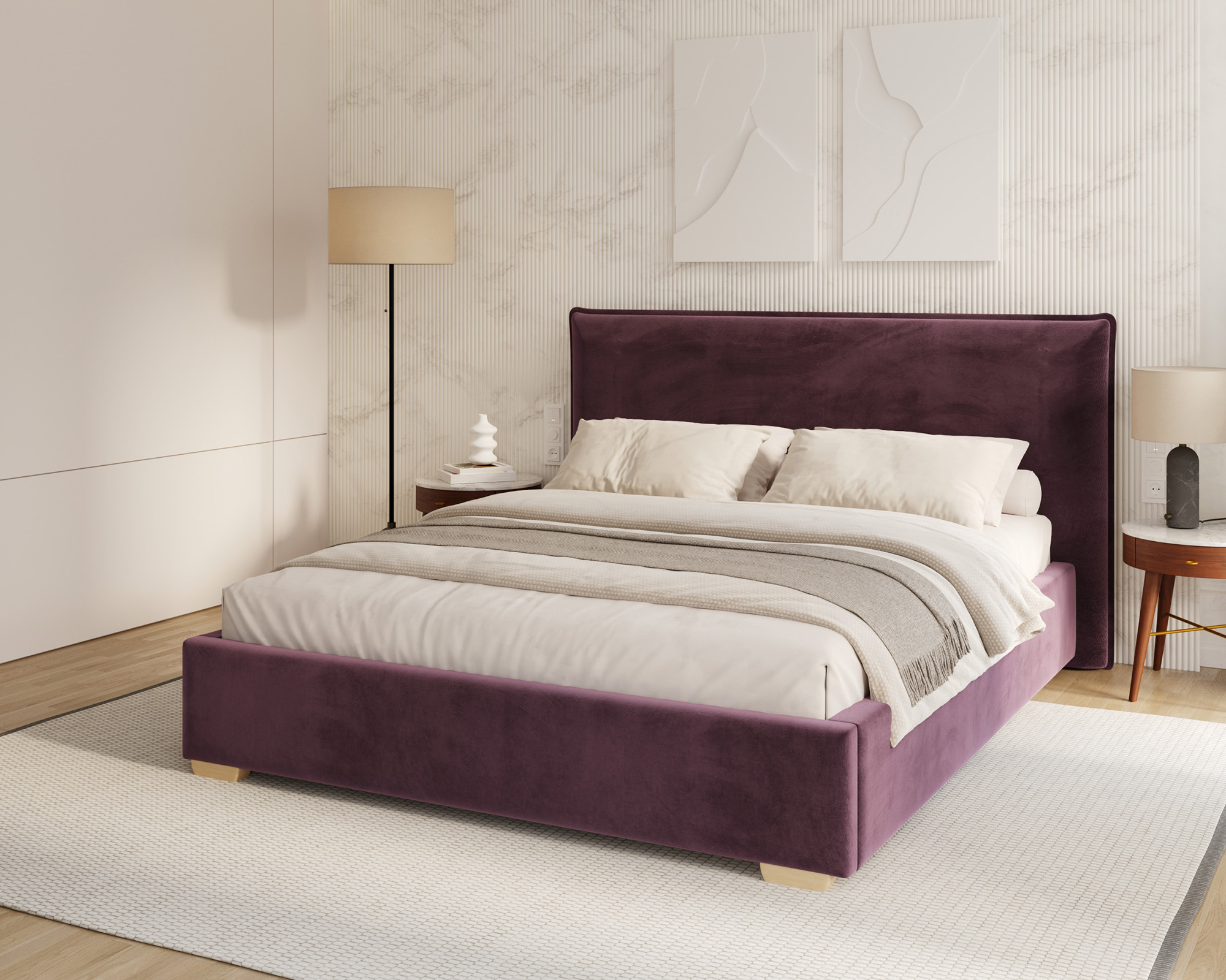 Čalouněná postel PERFETTO 140x200 s kovovým zdvižným roštem TMAVĚ FIALOVÁ PARIS