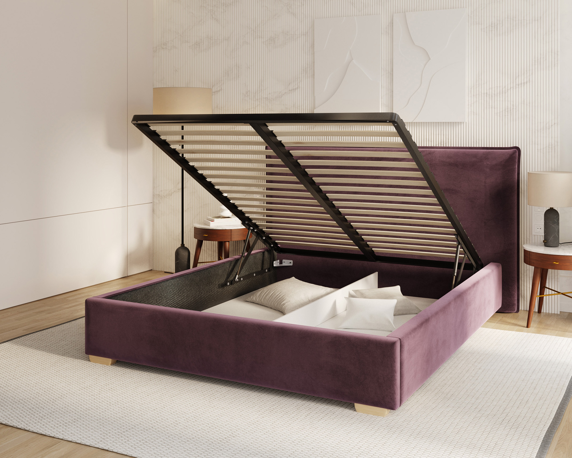 Čalouněná postel PERFETTO 160x200 s kovovým zdvižným roštem TMAVĚ FIALOVÁ PARIS