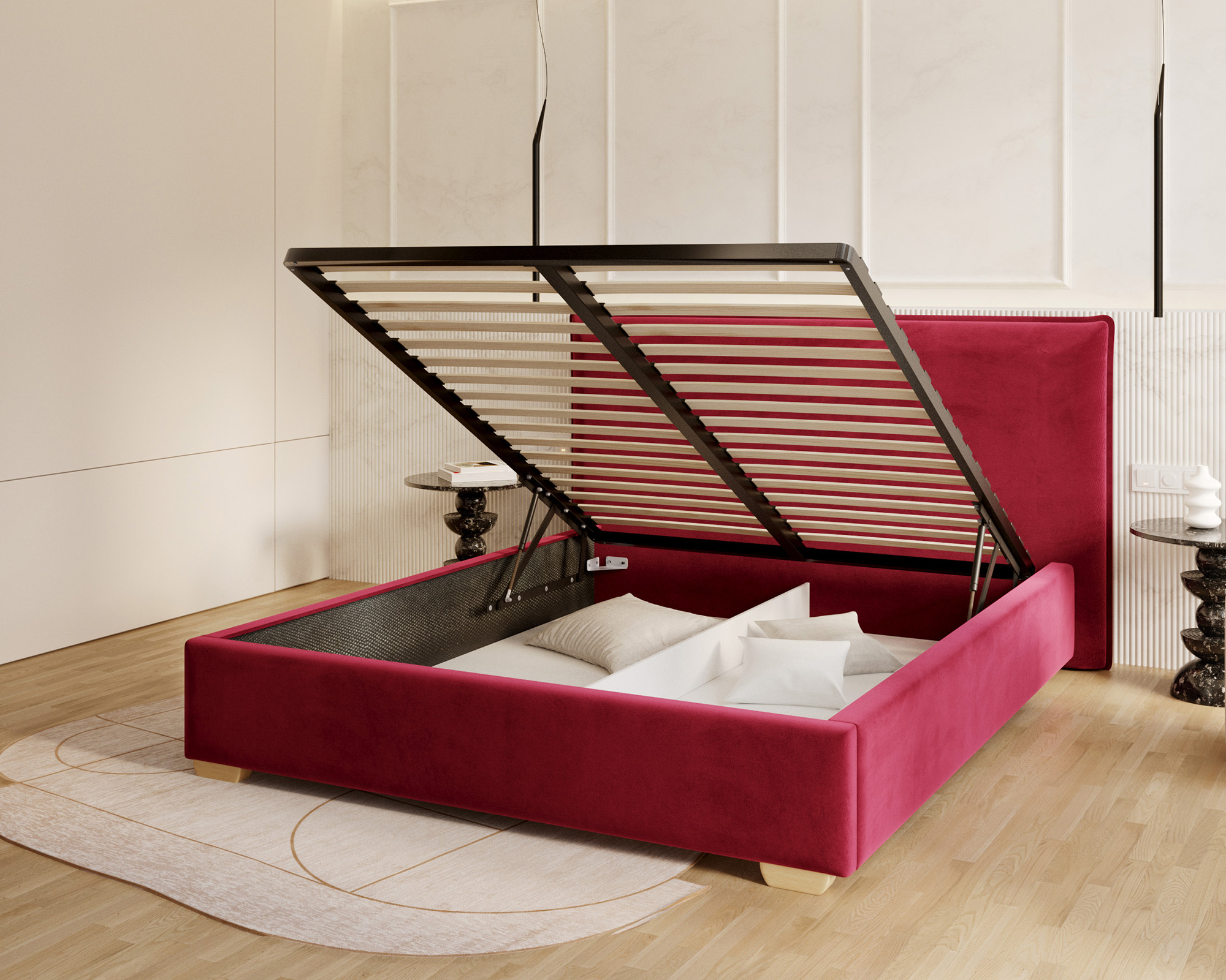 Čalouněná postel PERFETTO 140x200 s kovovým zdvižným roštem VÍNOVÁ PARIS